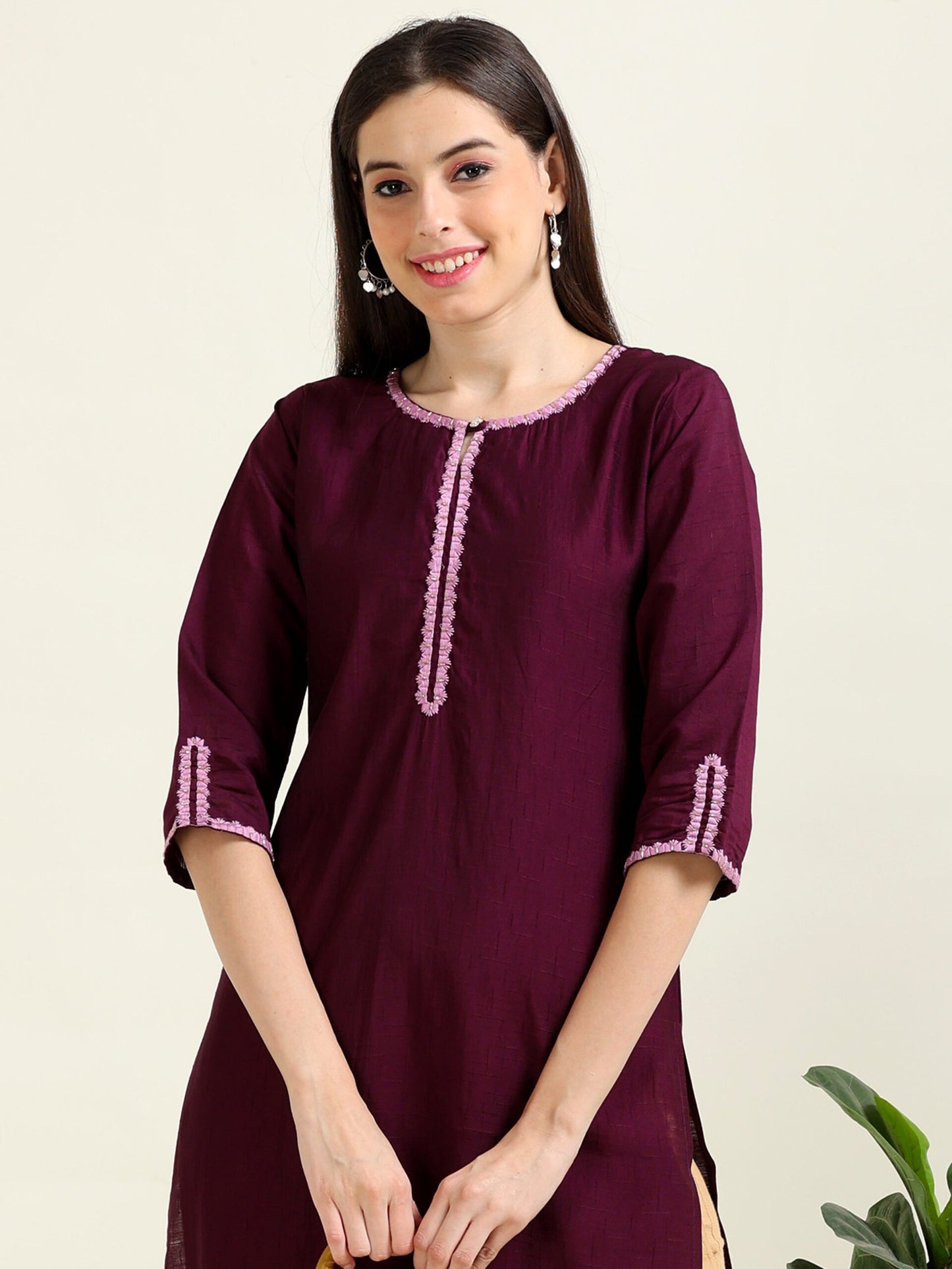 Wine Wanderlust – Embroidered Straight Cotton Kurti (1JD-7-A8)