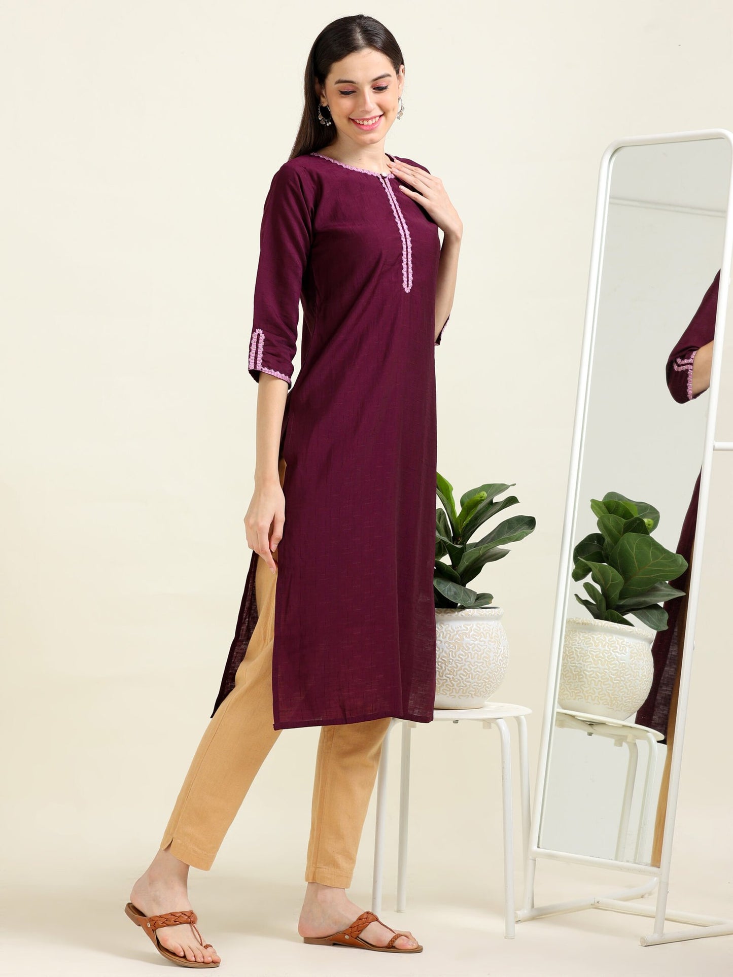Wine Wanderlust – Embroidered Straight Cotton Kurti (1JD-7-A8)