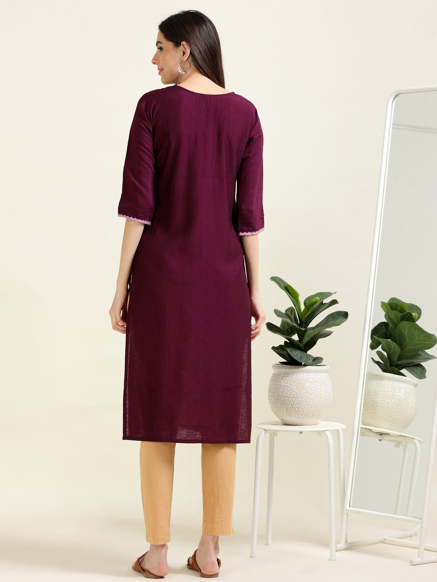 Wine Wanderlust – Embroidered Straight Cotton Kurti (1JD-7-A8)