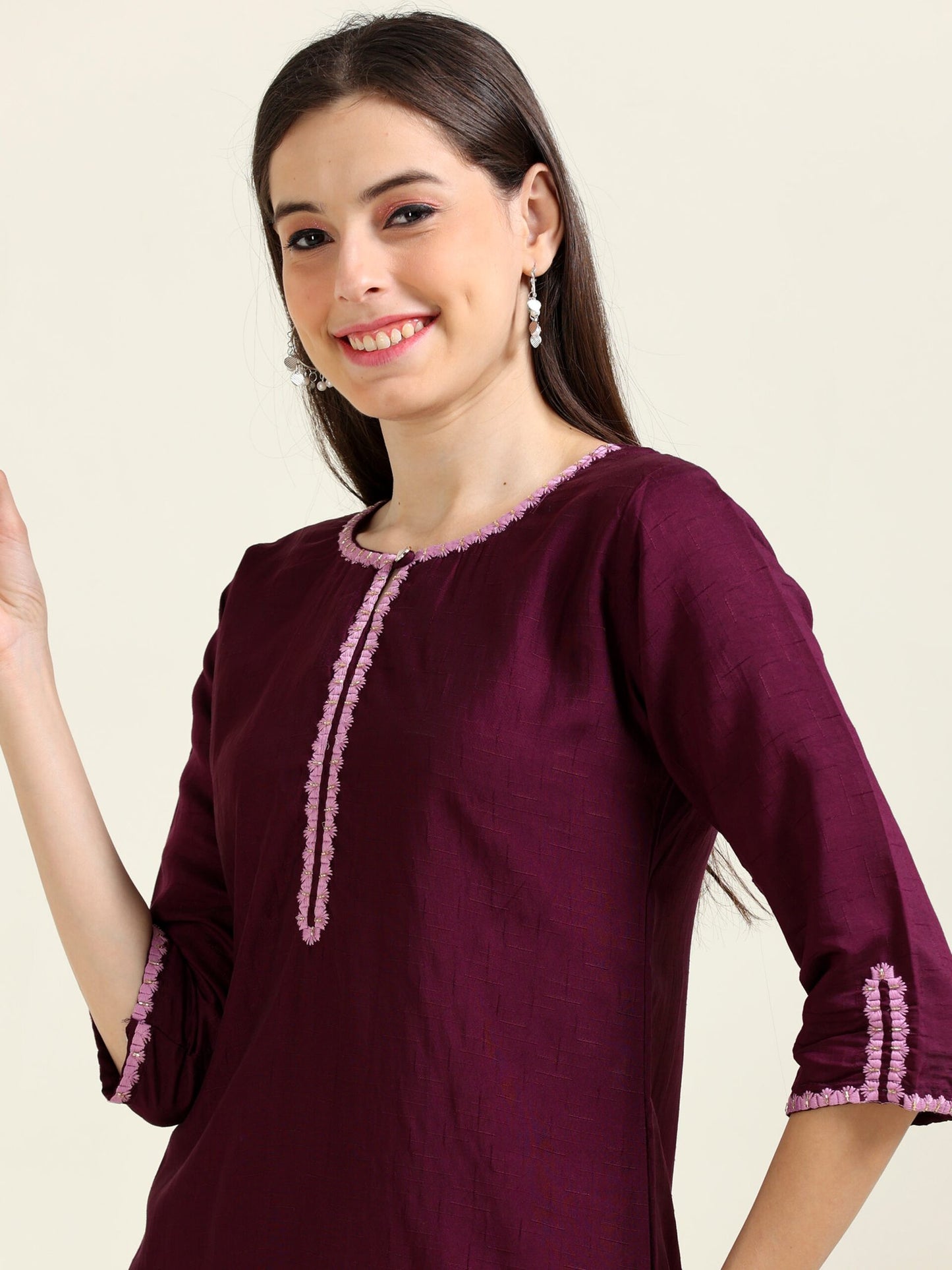 Wine Wanderlust – Embroidered Straight Cotton Kurti (1JD-7-A8)