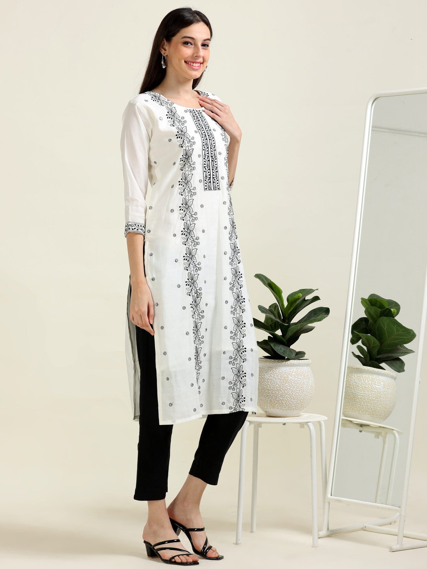 White Panel Chic – Embroidered Straight Cotton Kurti (1JD-9-A12)