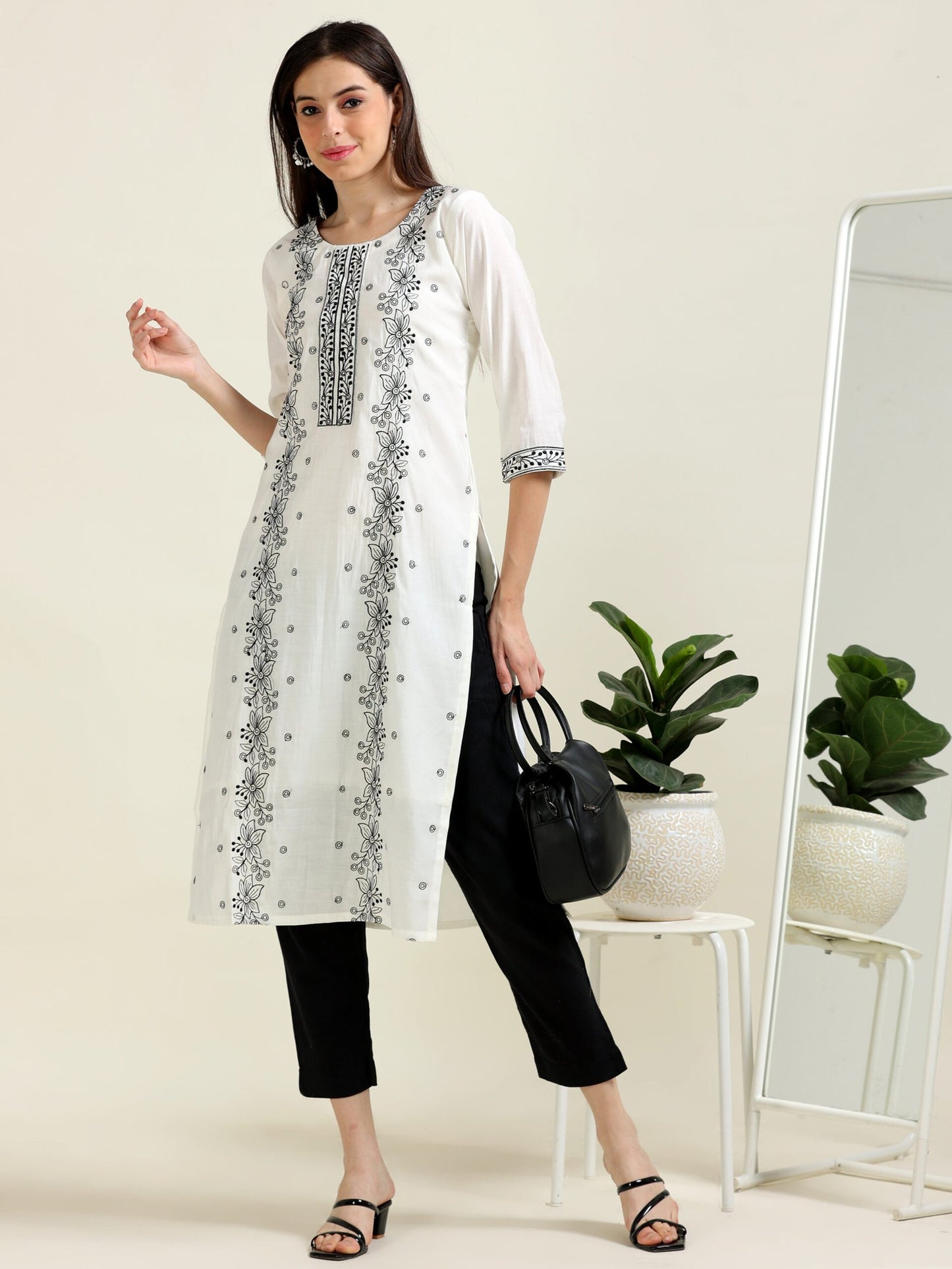 White Panel Chic – Embroidered Straight Cotton Kurti (1JD-9-A12)