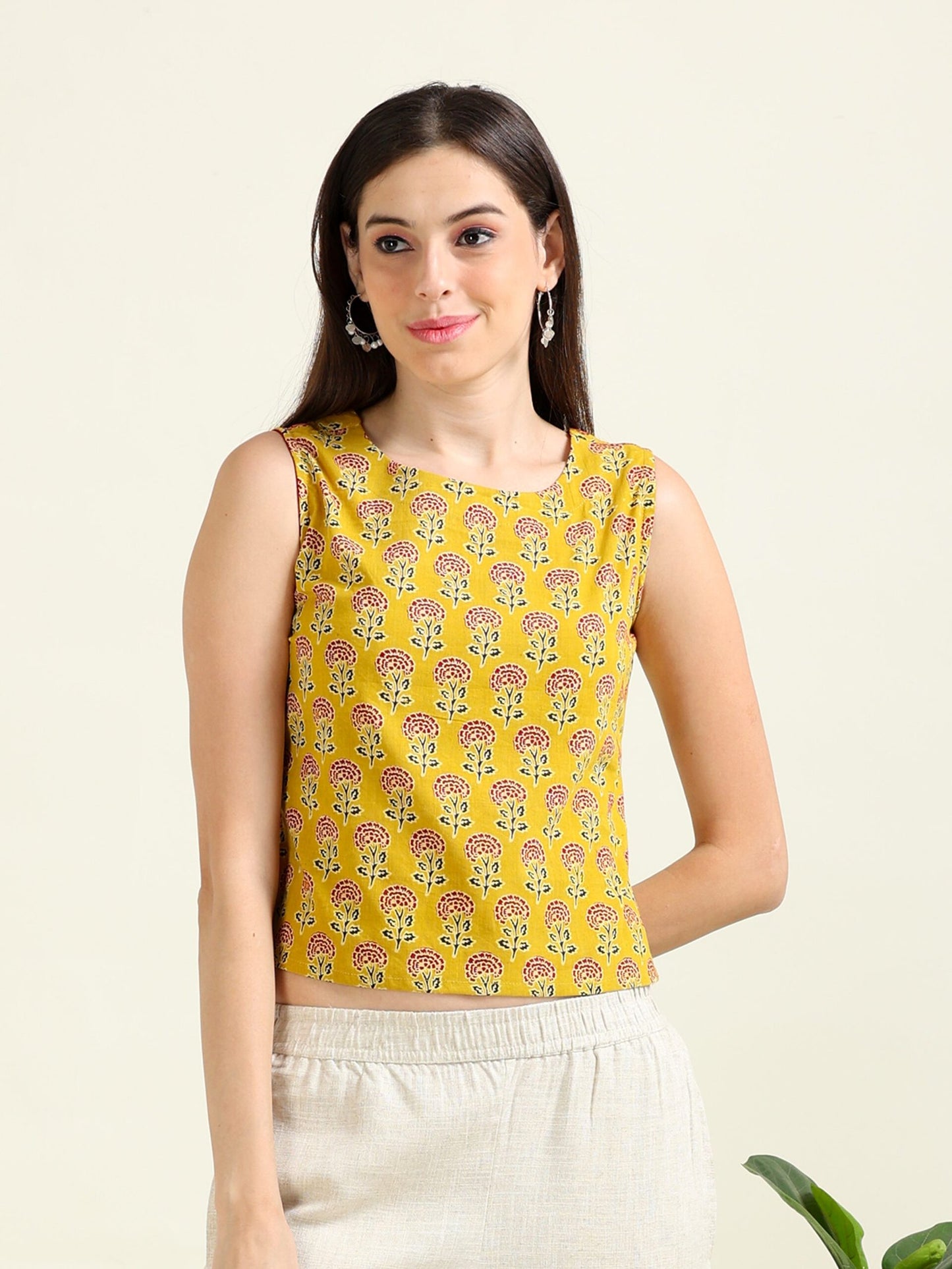 Mustard Playful Grace – Cotton & Linen Crop-Top Set (1KB-4-B18)