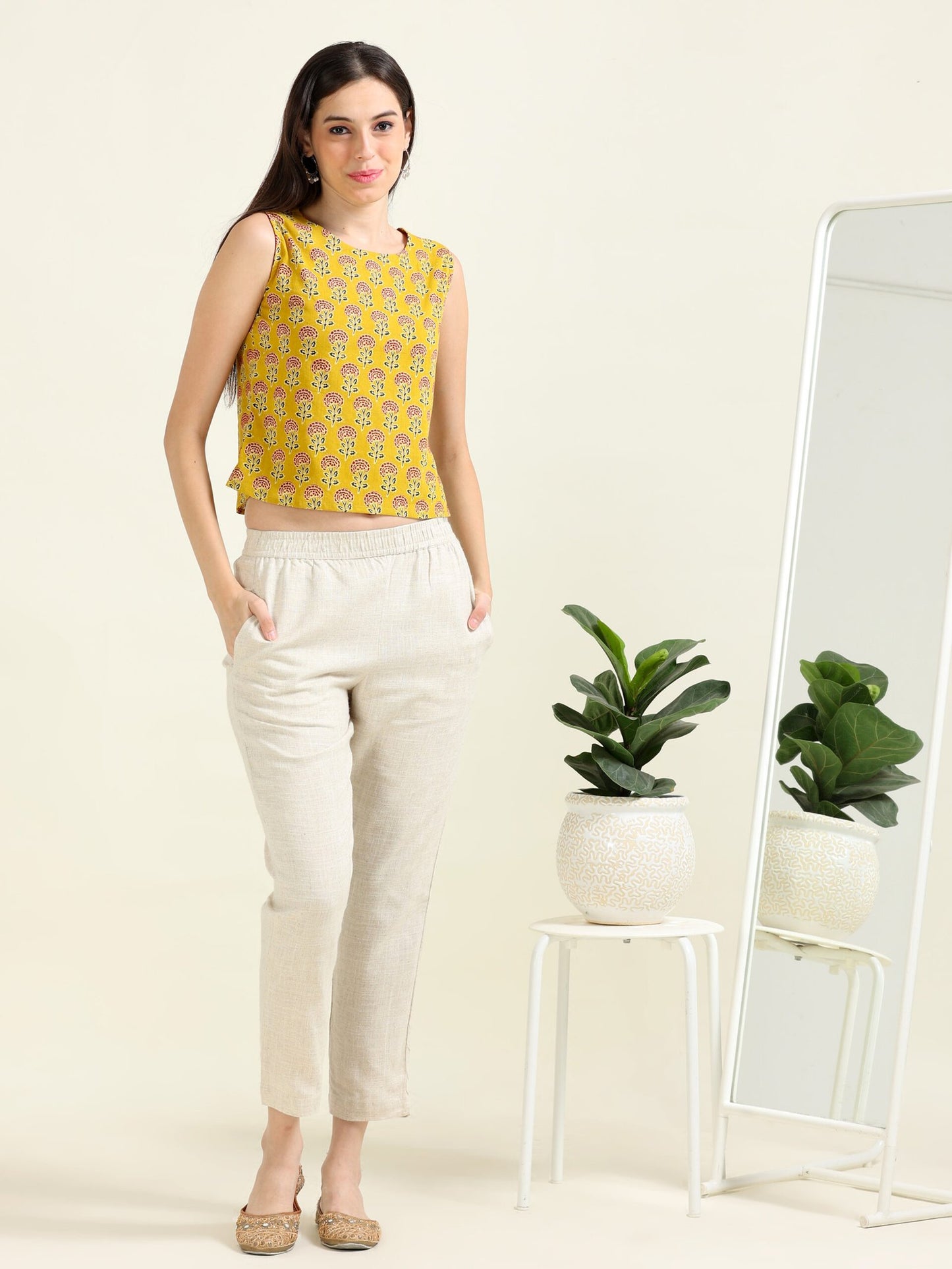Mustard Playful Grace – Cotton & Linen Crop-Top Set (1KB-4-B18)