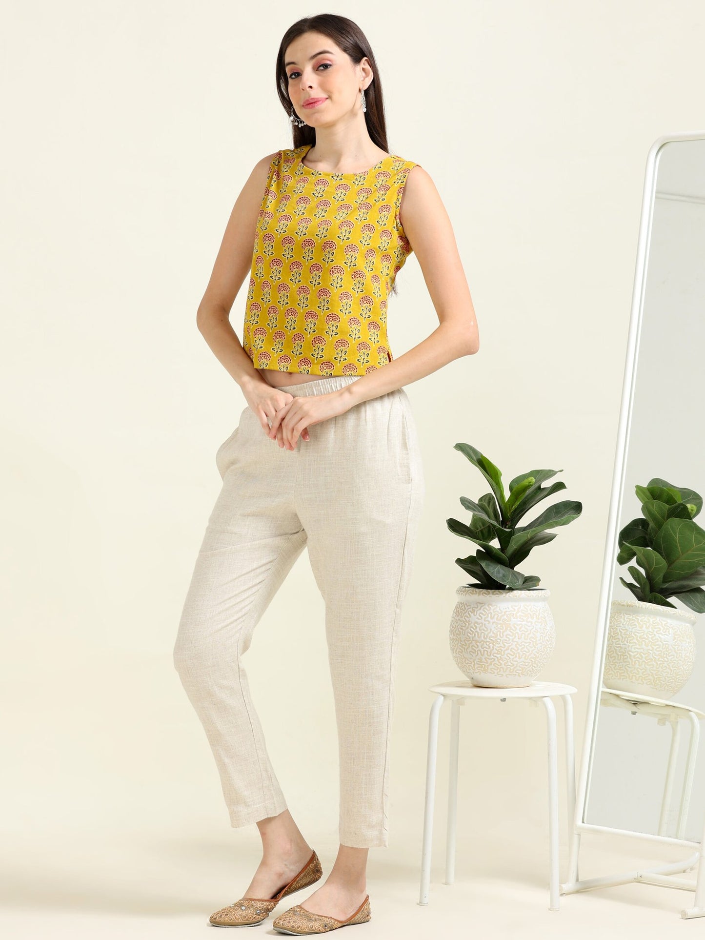 Mustard Playful Grace – Cotton & Linen Crop-Top Set (1KB-4-B18)
