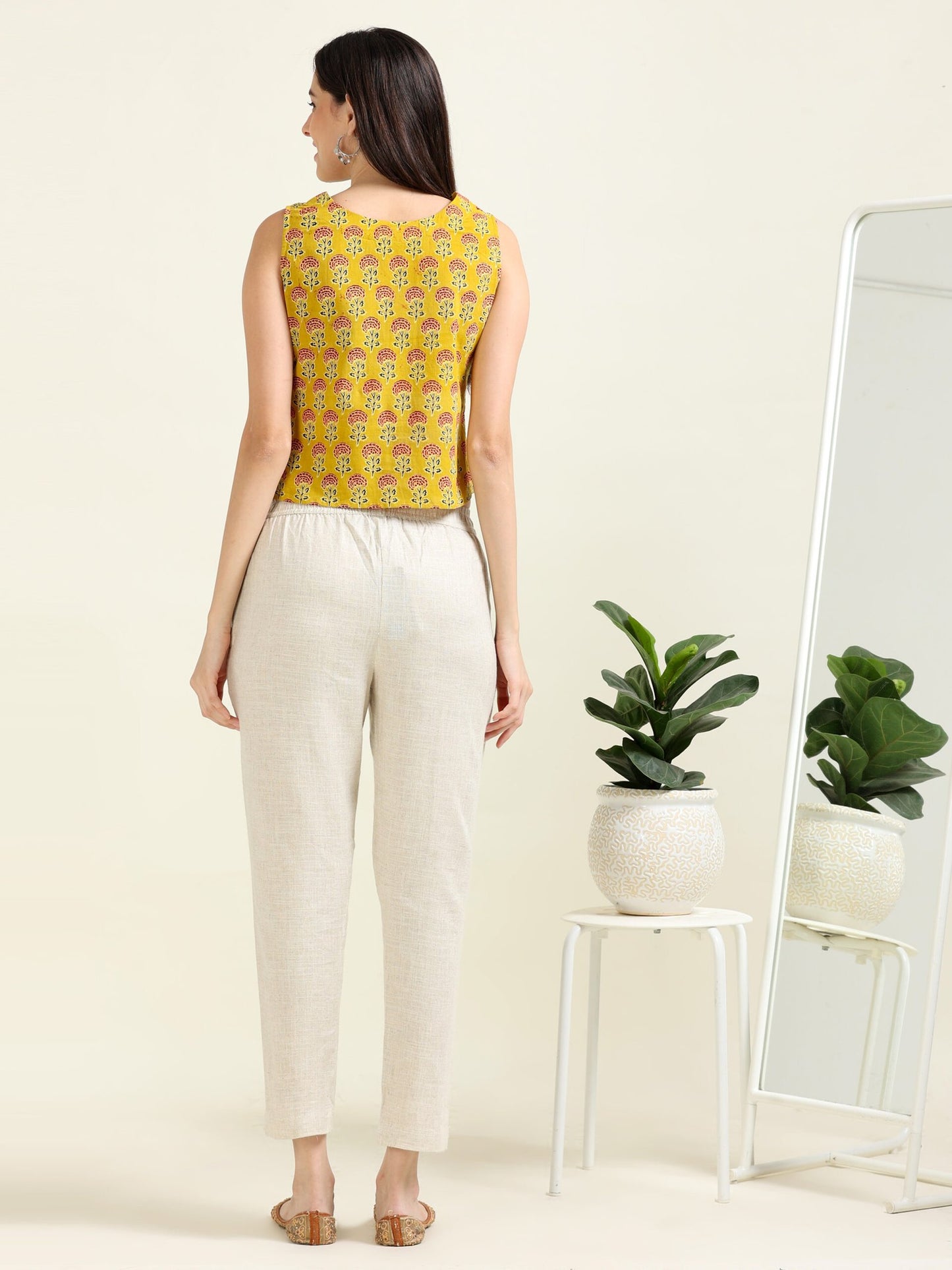 Mustard Playful Grace – Cotton & Linen Crop-Top Set (1KB-4-B18)