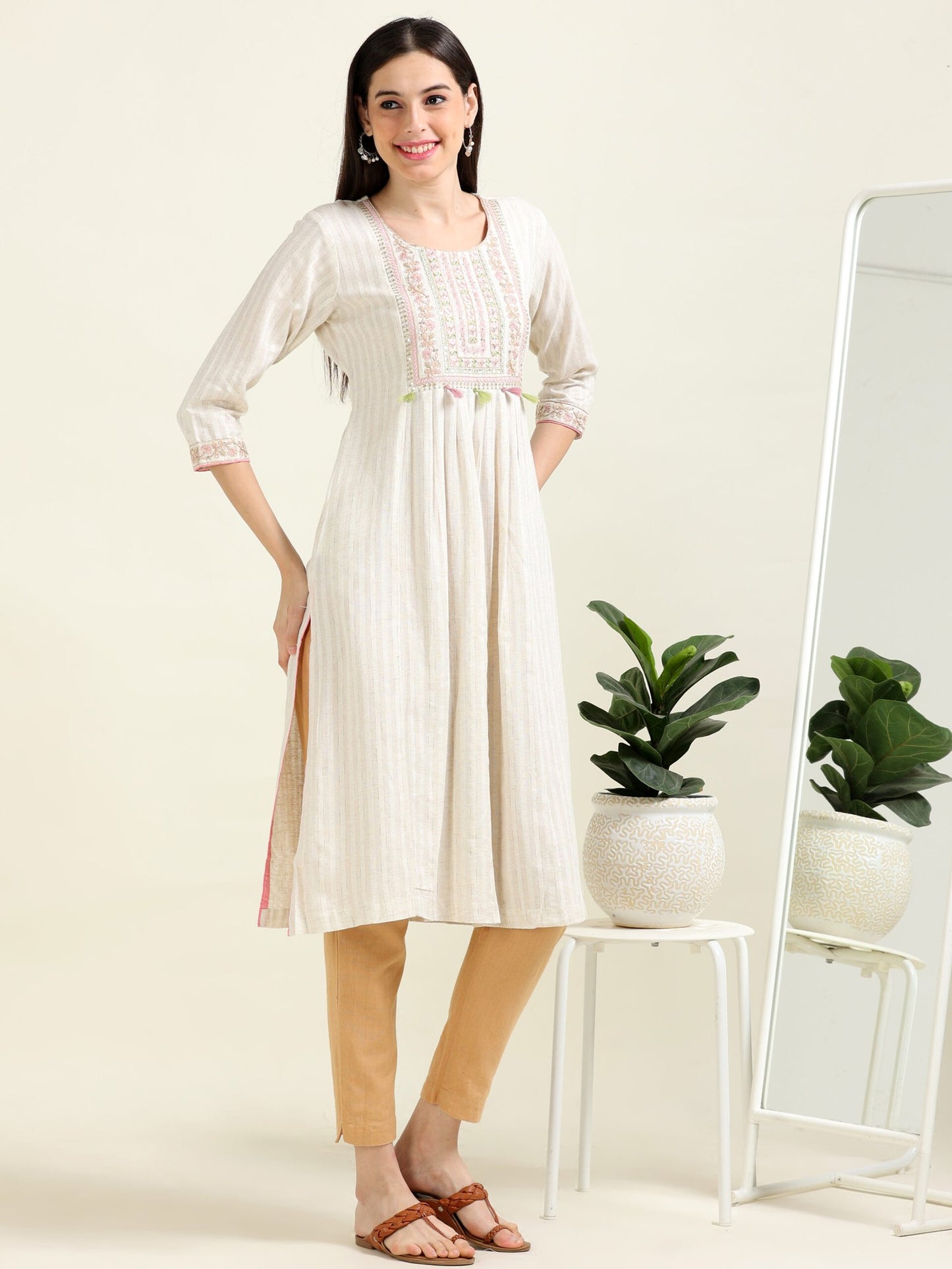 Off-White Embroidered Charm – Cotton-Linen A-Line Kurti (1KB-9-A10)