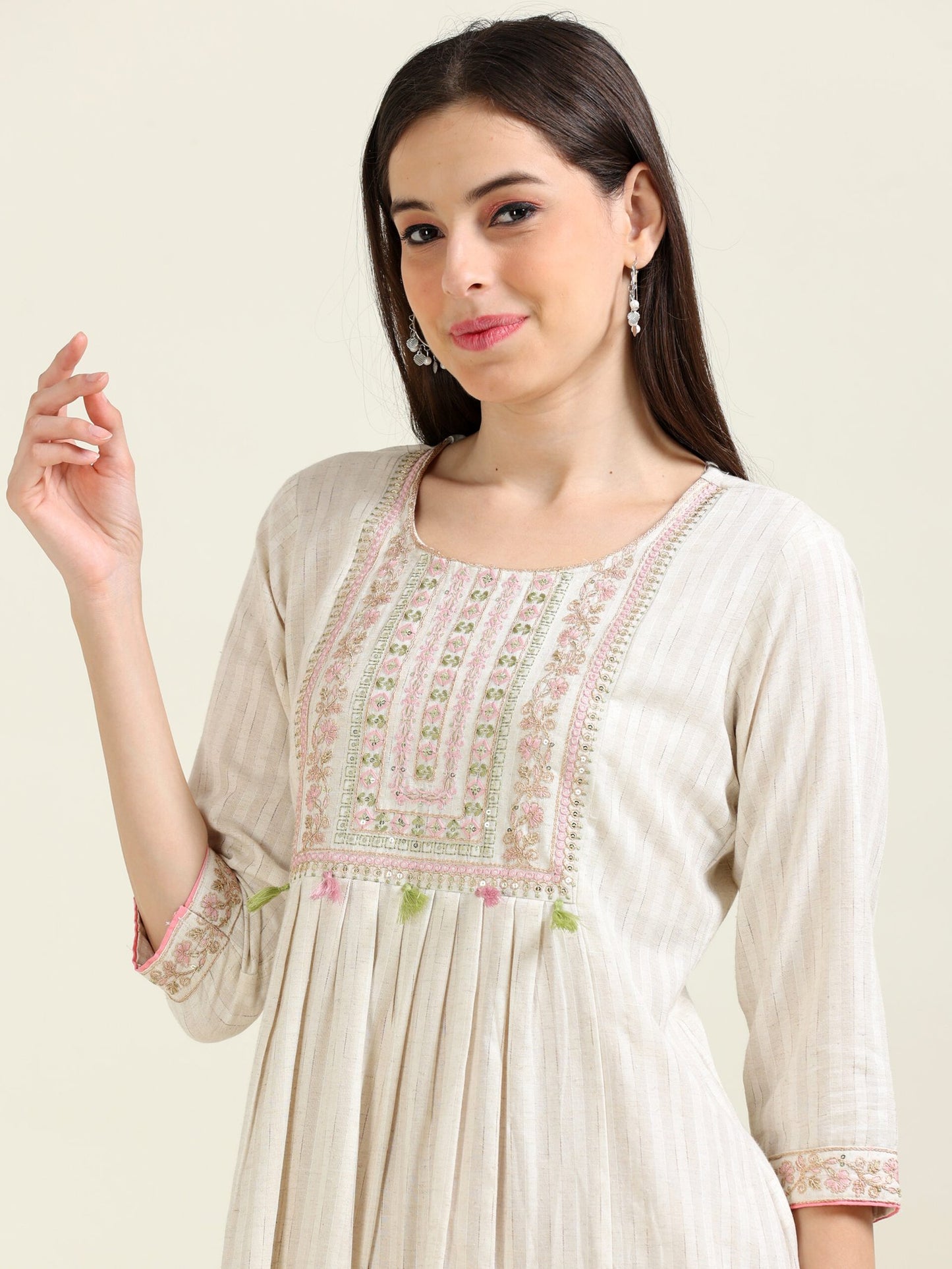 Off-White Embroidered Charm – Cotton-Linen A-Line Kurti (1KB-9-A10)