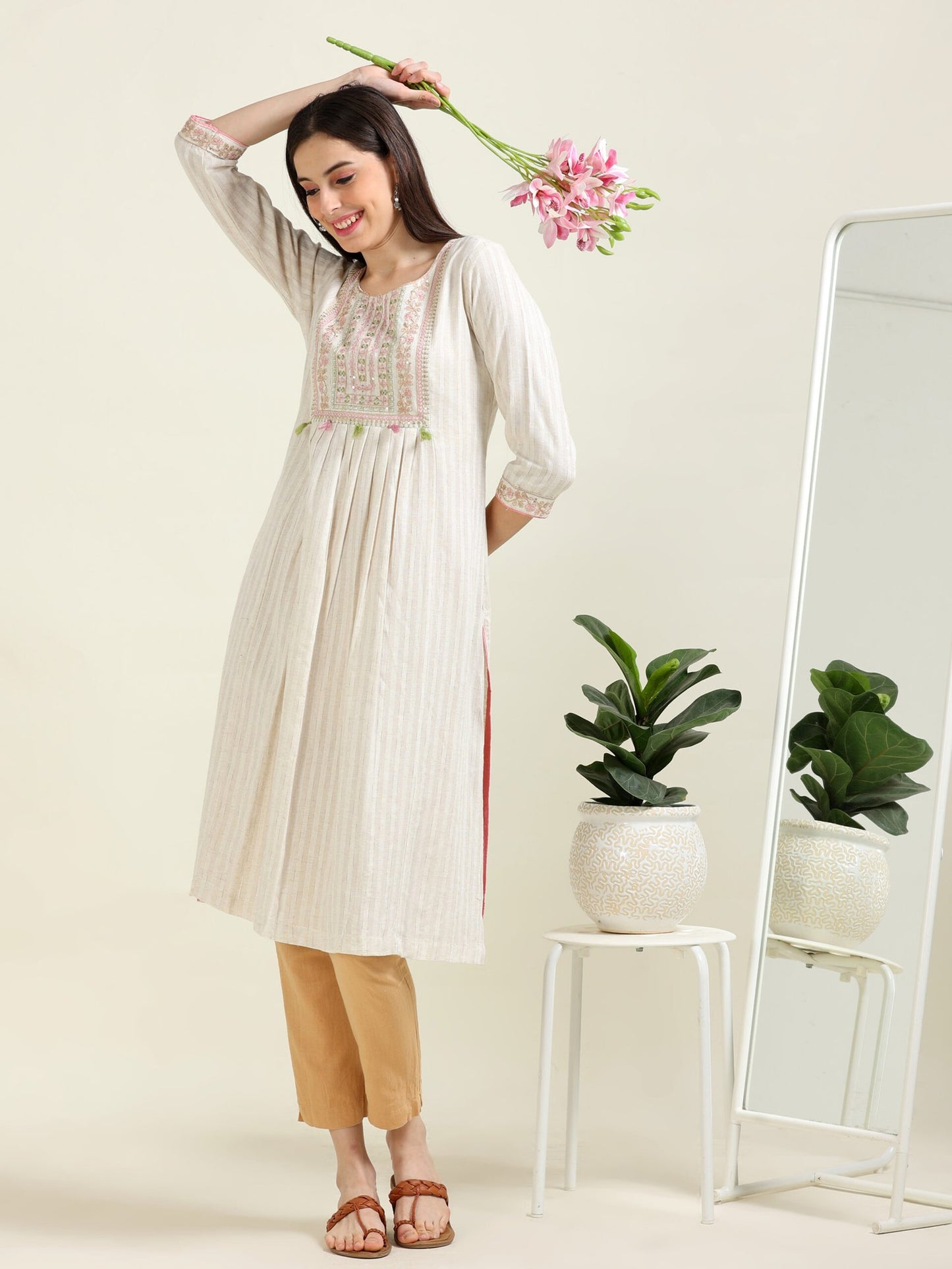 Off-White Embroidered Charm – Cotton-Linen A-Line Kurti (1KB-9-A10)