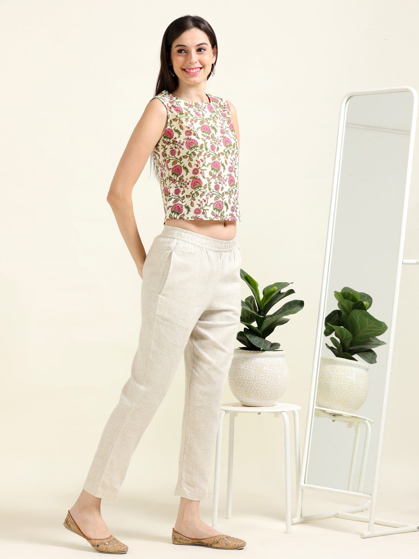 Cream Boho Charm – Cotton Sleeveless Crop-Top (1KB-9-B16)