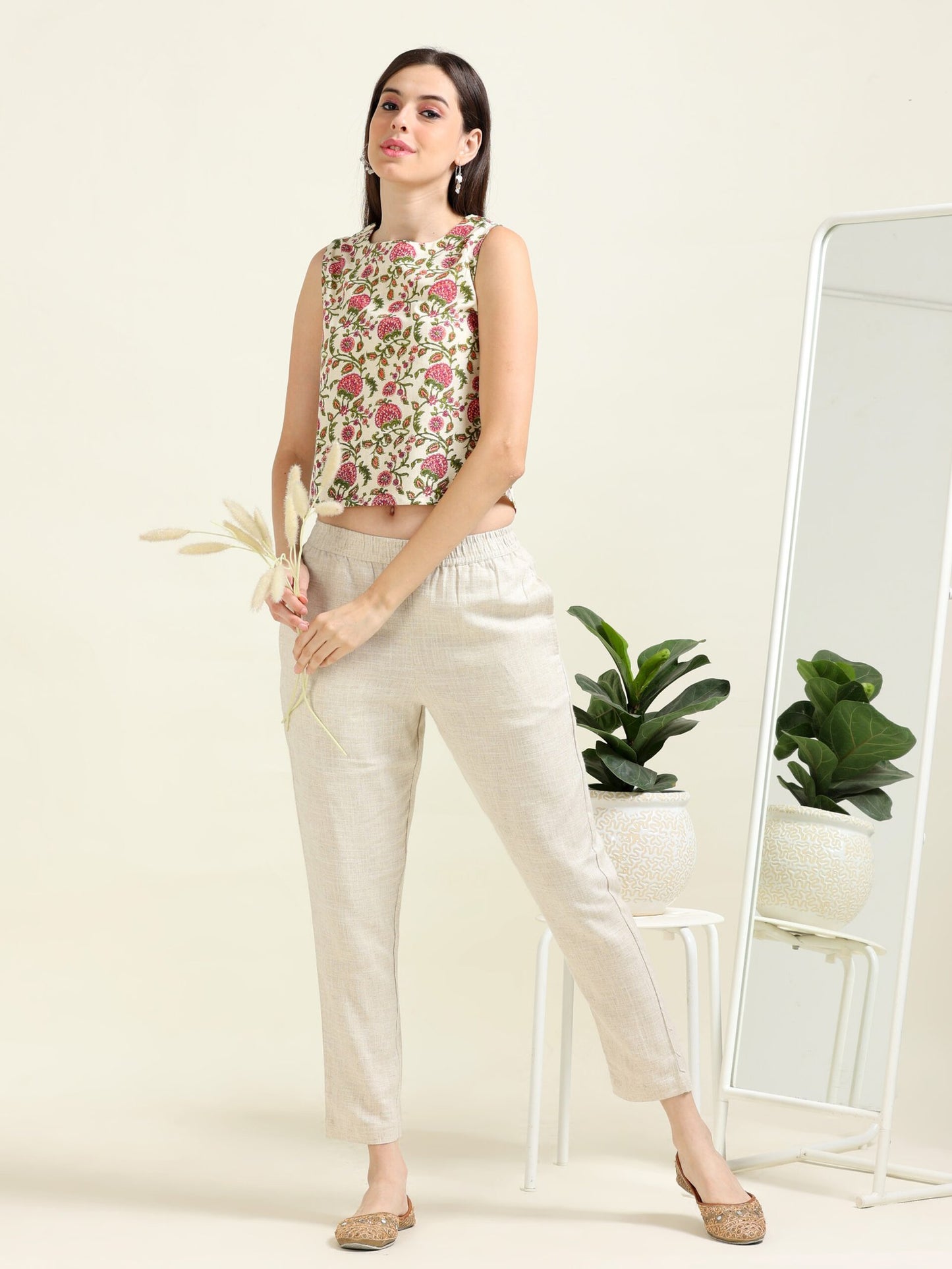 Cream Boho Charm – Cotton Sleeveless Crop-Top (1KB-9-B16)