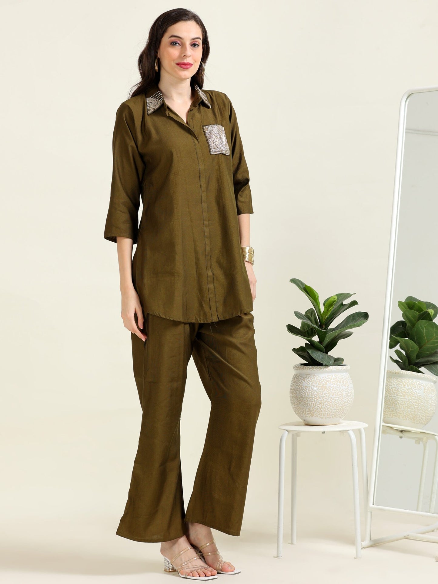 Olive Urban Chic – Indo-Western Handworked Co-Ord Set (1KI-5-B6)