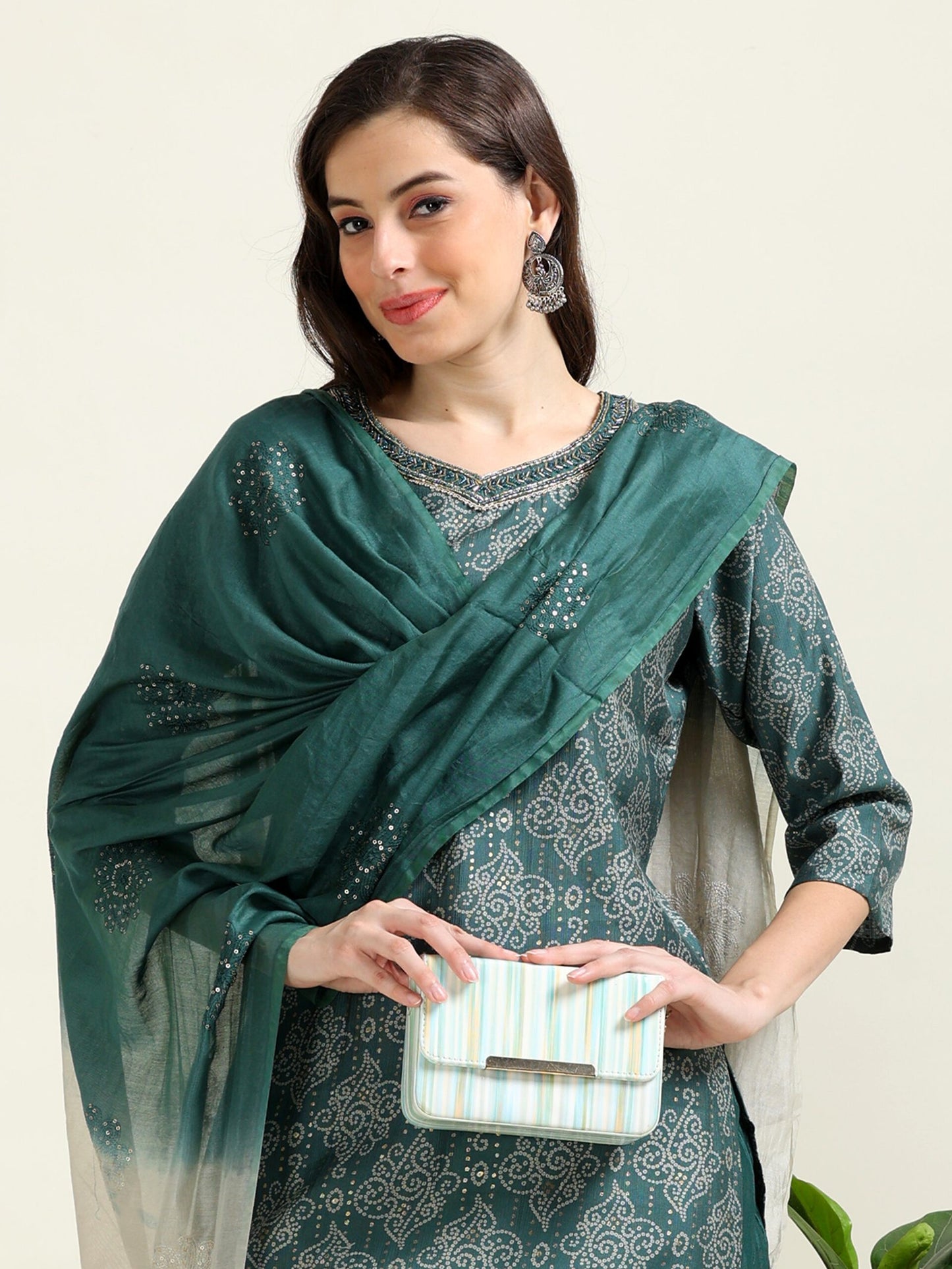 Teal Bandhani Charm – Viscose-Organza 3-Piece Set (1KI-6-C3)