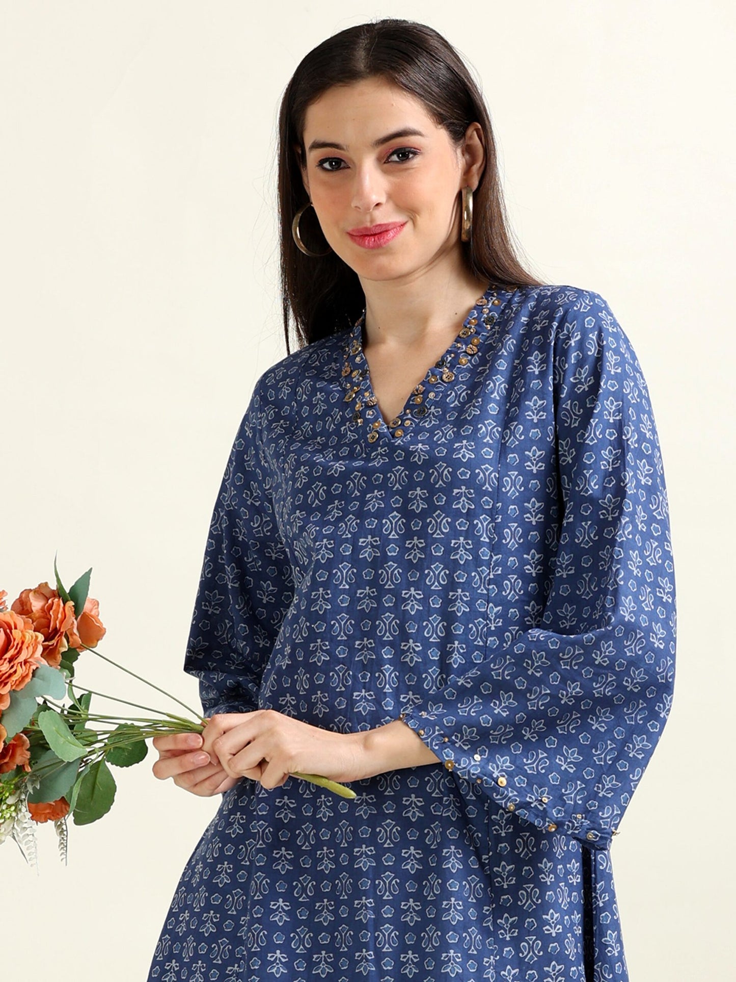 Blue Gilded Grace – Embellished A-Line Cotton Kurti (1MF-6-A3)