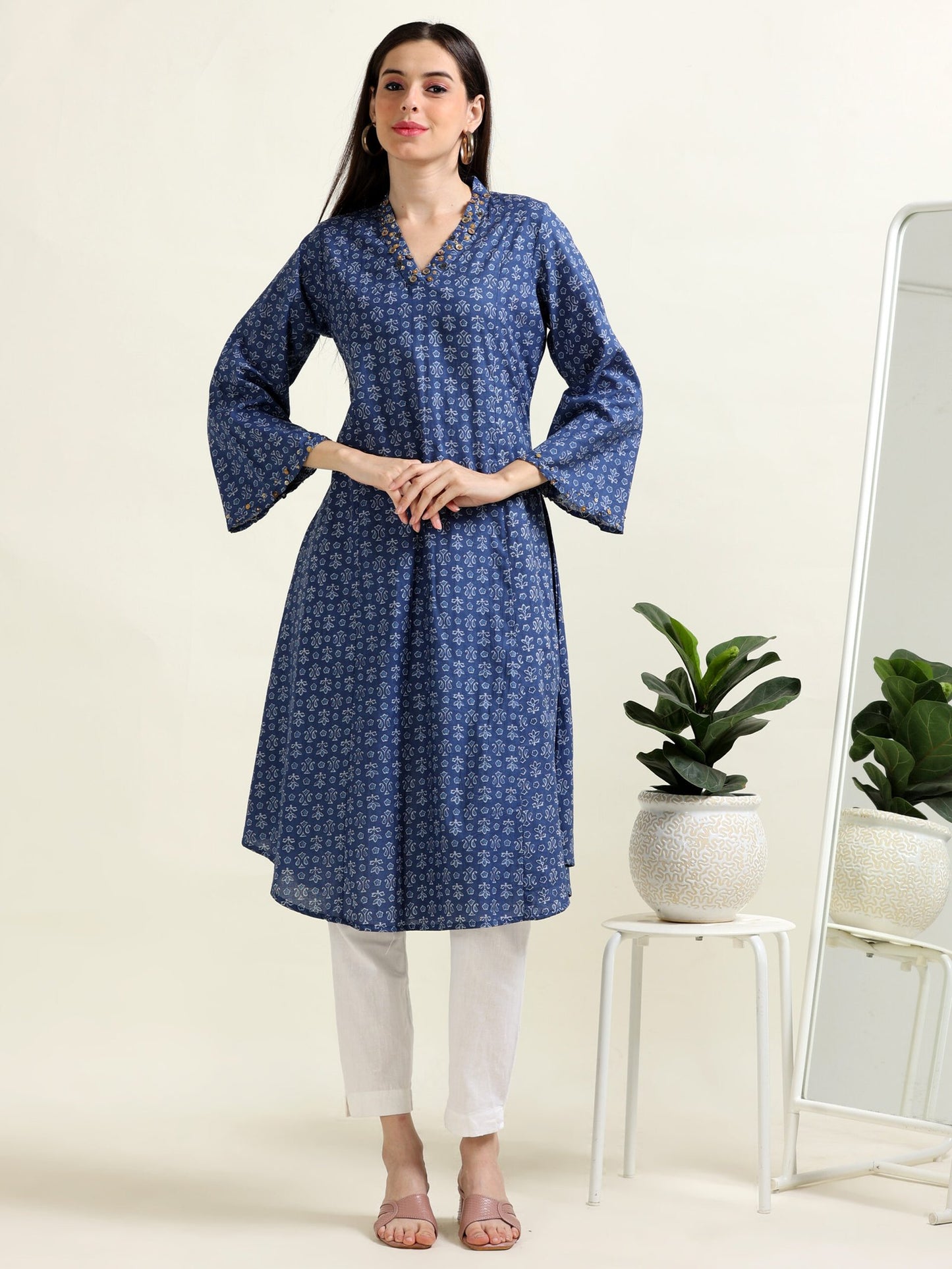 Blue Gilded Grace – Embellished A-Line Cotton Kurti (1MF-6-A3)