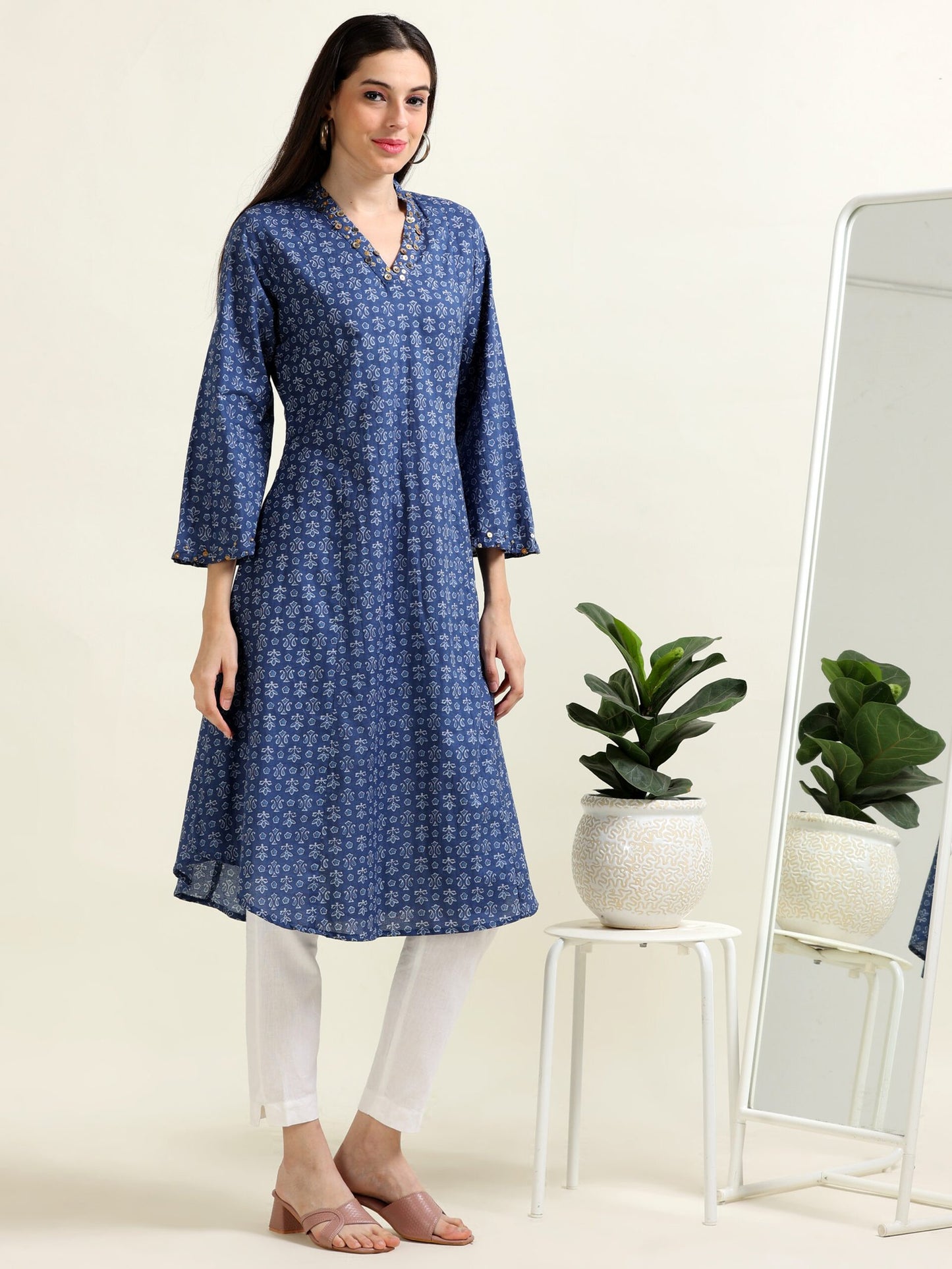 Blue Gilded Grace – Embellished A-Line Cotton Kurti (1MF-6-A3)