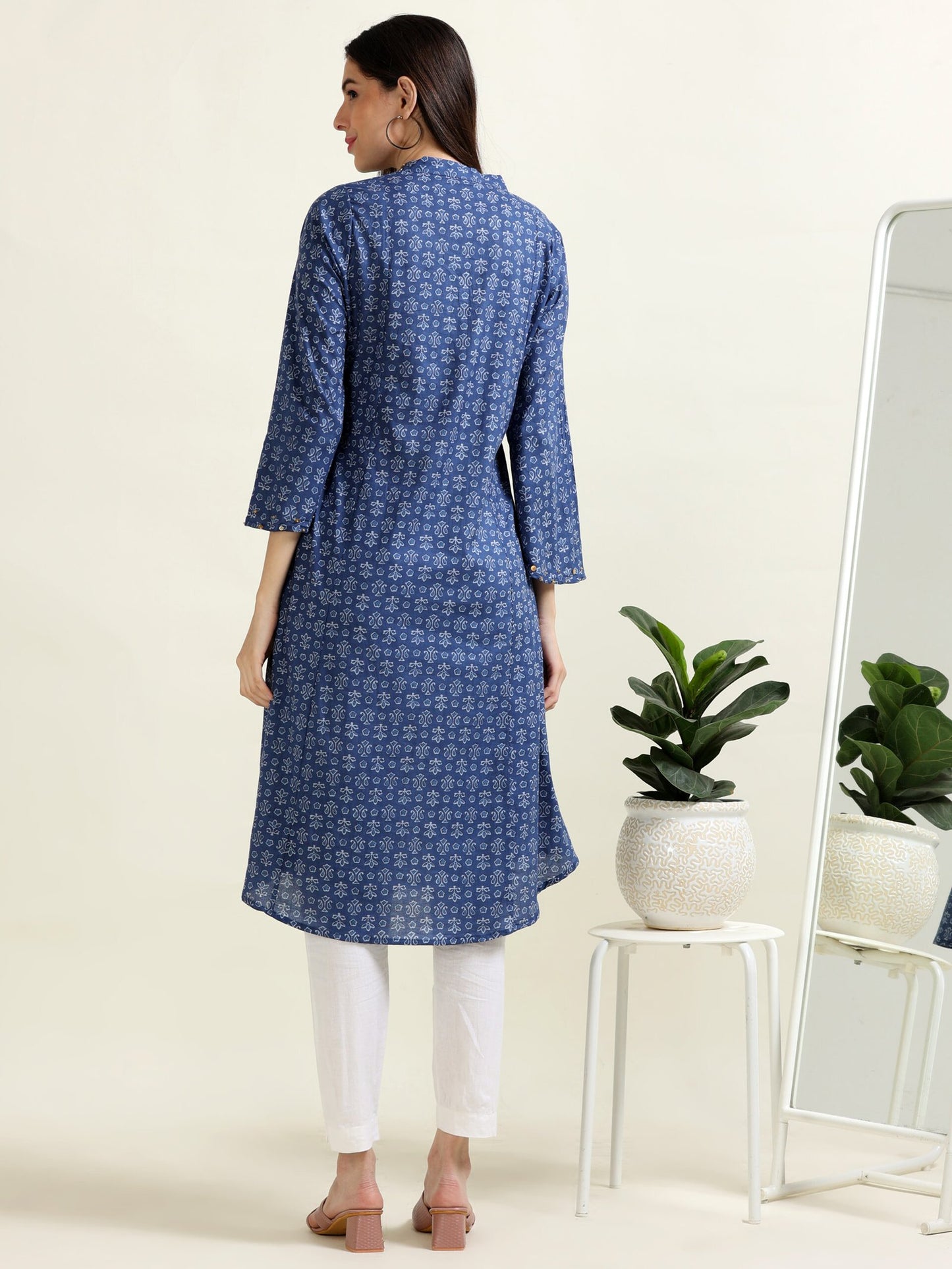 Blue Gilded Grace – Embellished A-Line Cotton Kurti (1MF-6-A3)