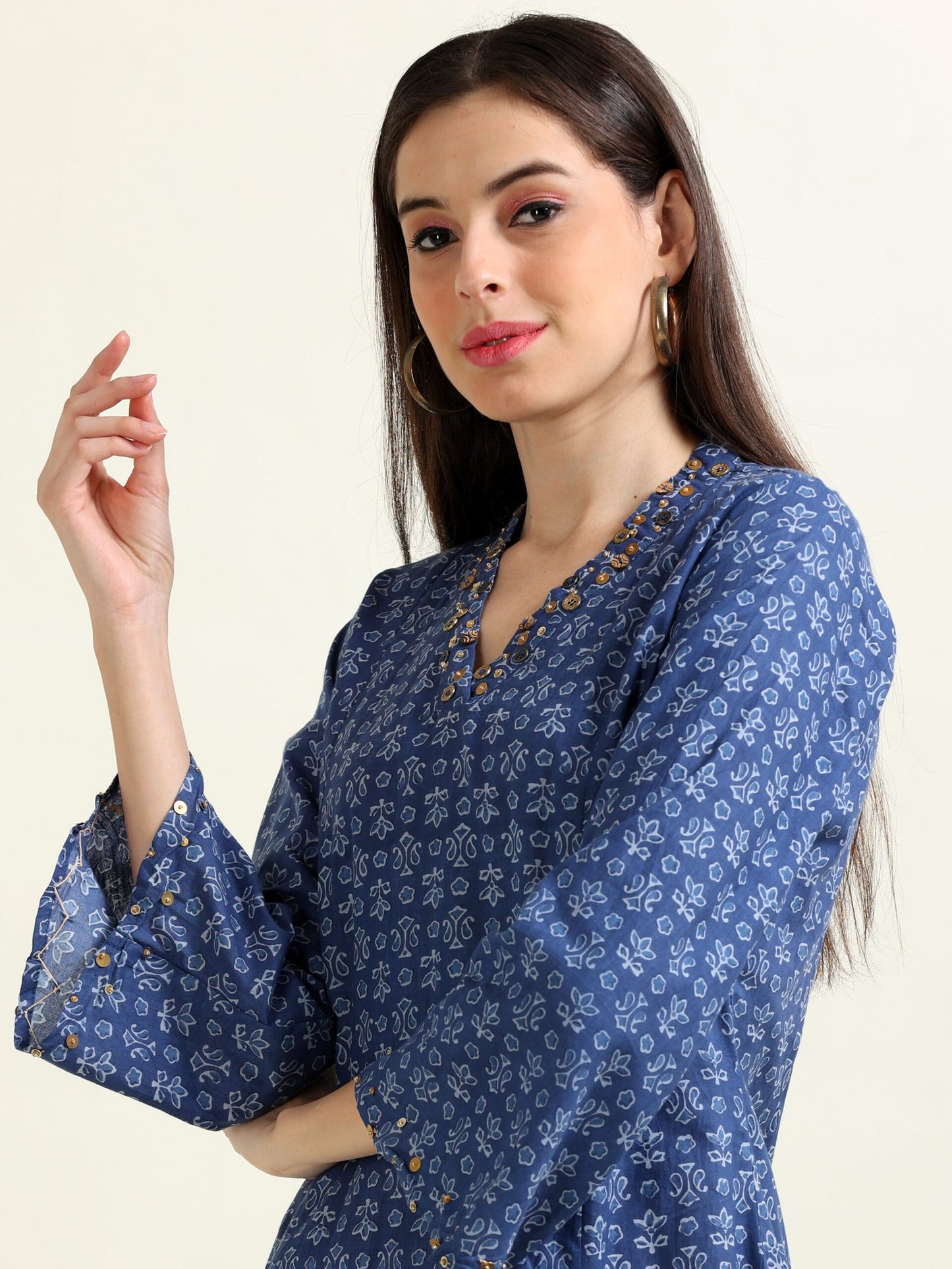 Blue Gilded Grace – Embellished A-Line Cotton Kurti (1MF-6-A3)