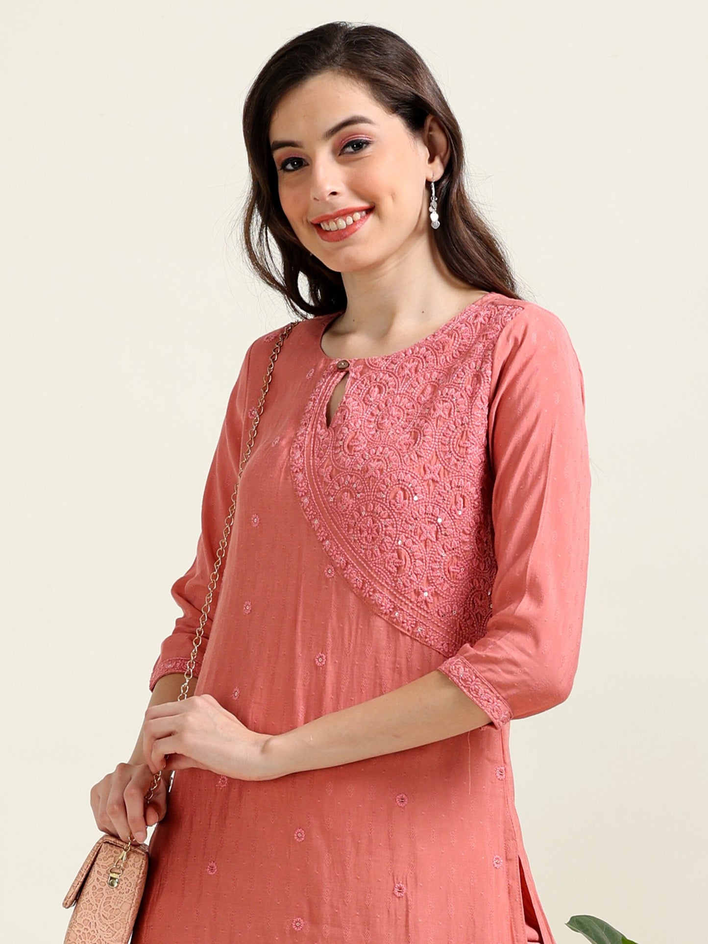 Peach Embroidered Sophistication – Cotton Blend Co-ord Set (1NH-2-B15)