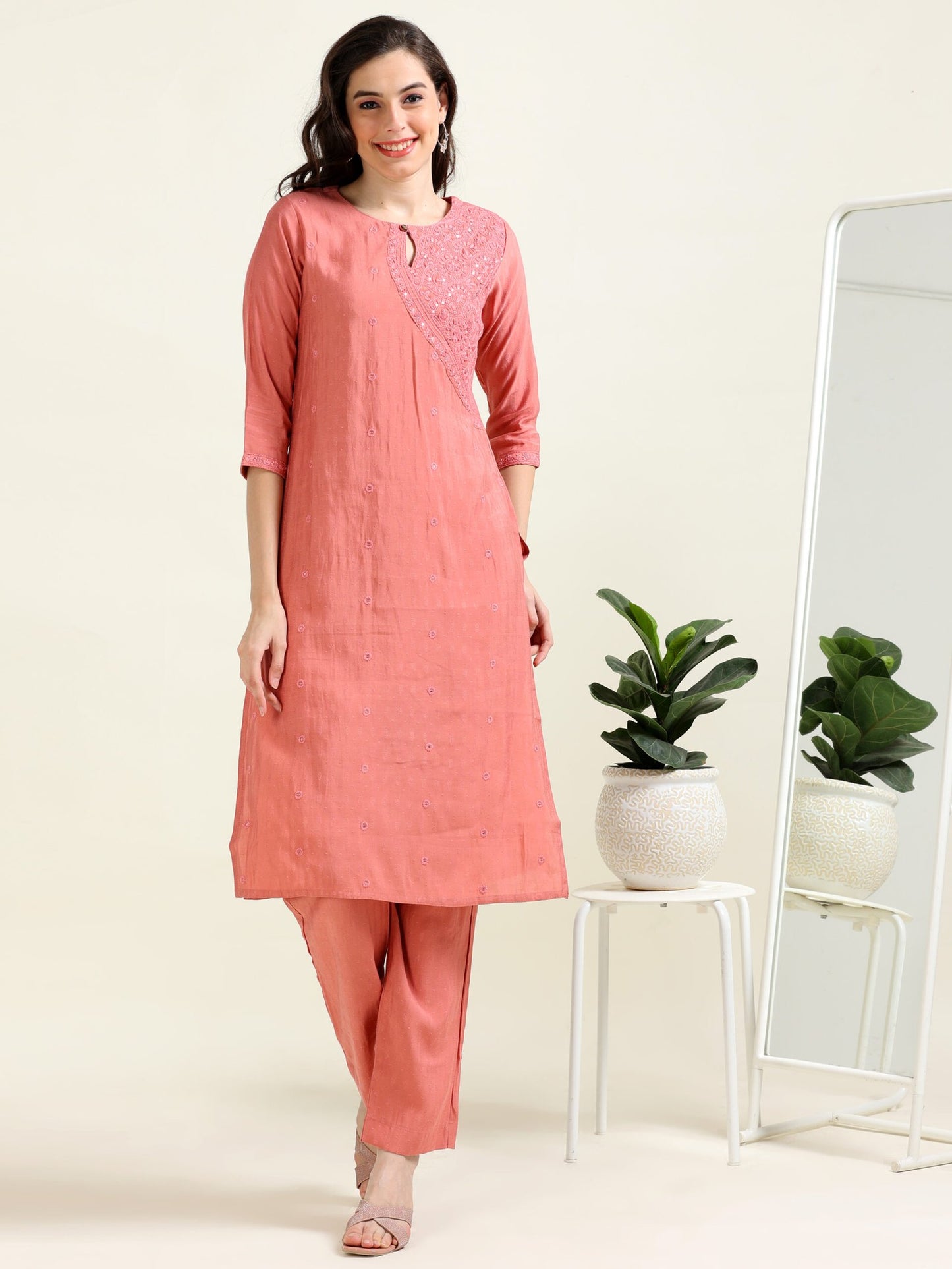 Peach Embroidered Sophistication – Cotton Blend Co-ord Set (1NH-2-B15)