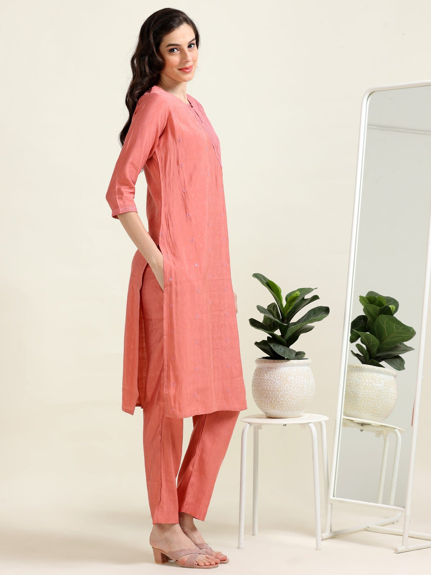 Peach Embroidered Sophistication – Cotton Blend Co-ord Set (1NH-2-B15)
