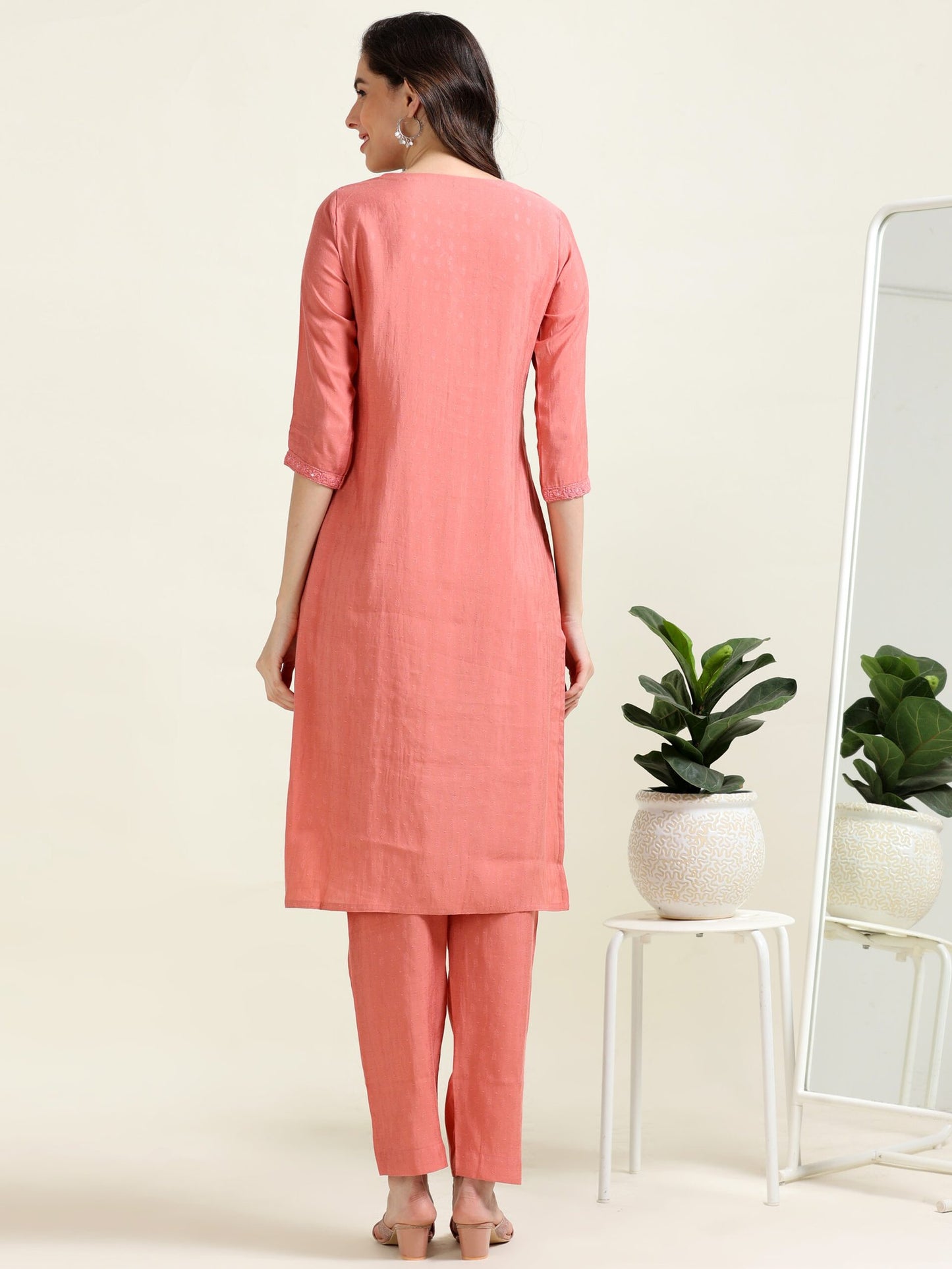 Peach Embroidered Sophistication – Cotton Blend Co-ord Set (1NH-2-B15)