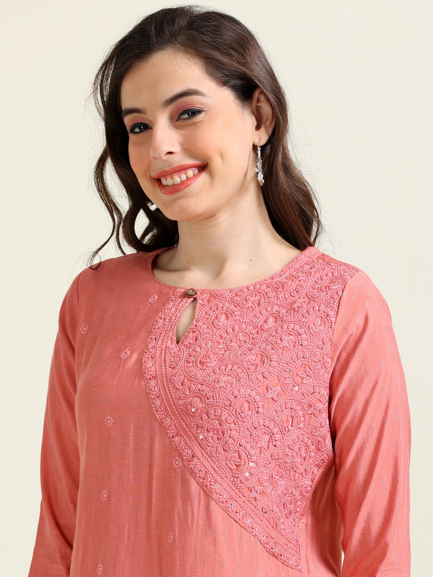 Peach Embroidered Sophistication – Cotton Blend Co-ord Set (1NH-2-B15)