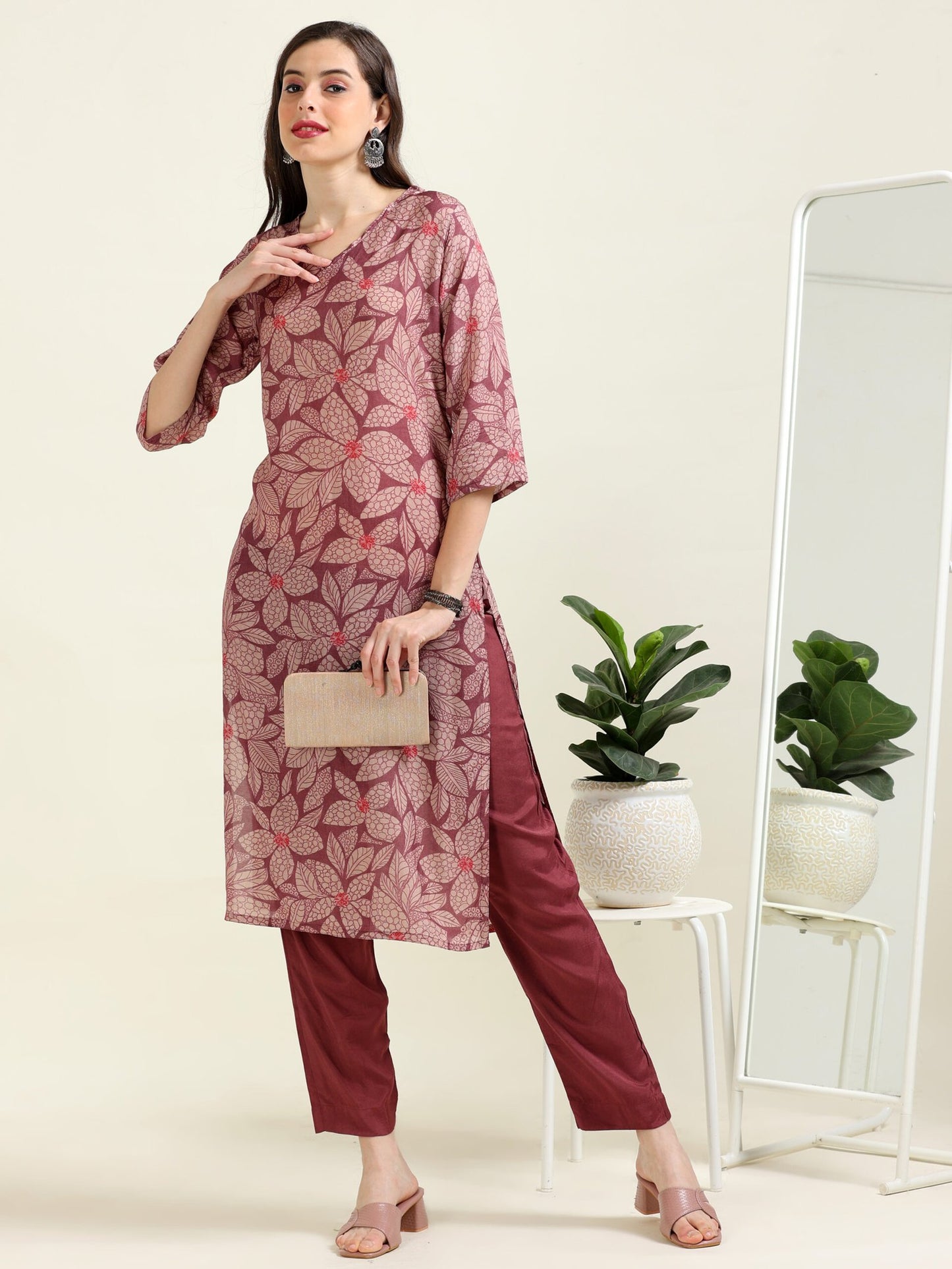 Taupe Timelessness – Mauve Viscose Blend Digital Printed 2 piece set (1NH-2-B4)
