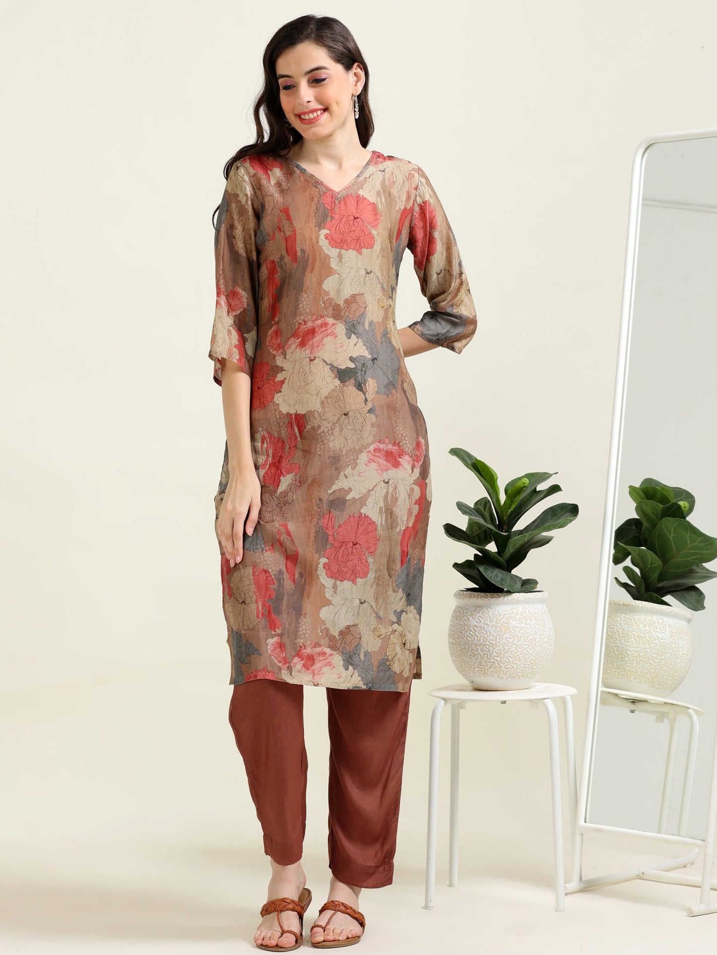Brown Satin Digital Charm – Cotton-Viscose Kurti 2-Piece Set (1NH-2-B8)