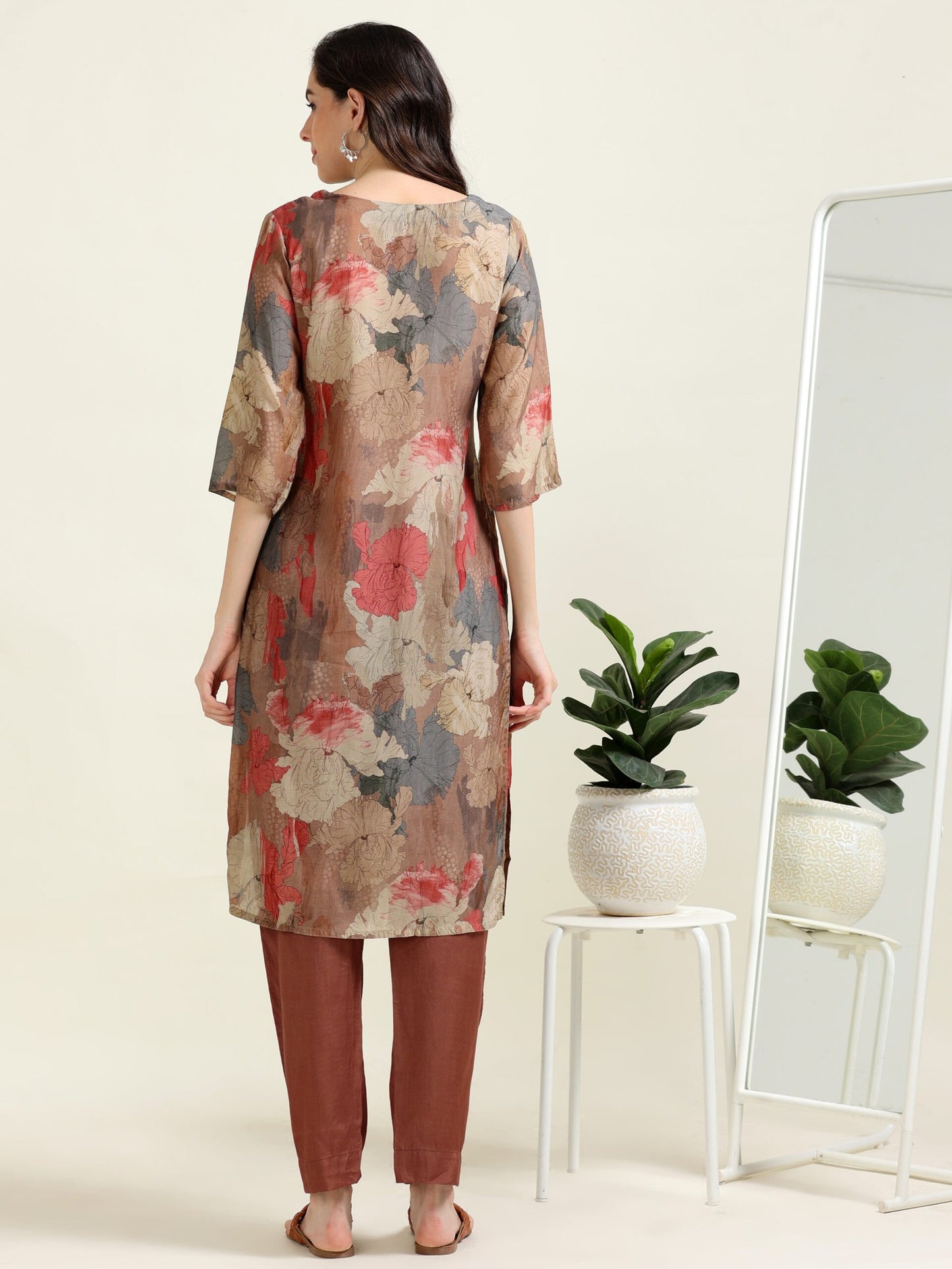 Brown Satin Digital Charm – Cotton-Viscose Kurti 2-Piece Set (1NH-2-B8)
