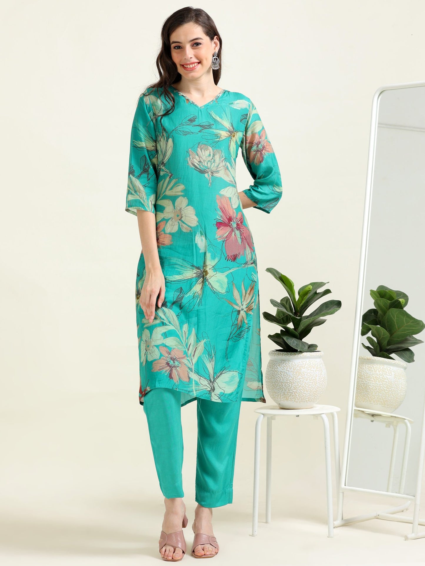 Teal Elegance – Cotton-Visocse 2-Piece Set (1NH-5-B5)