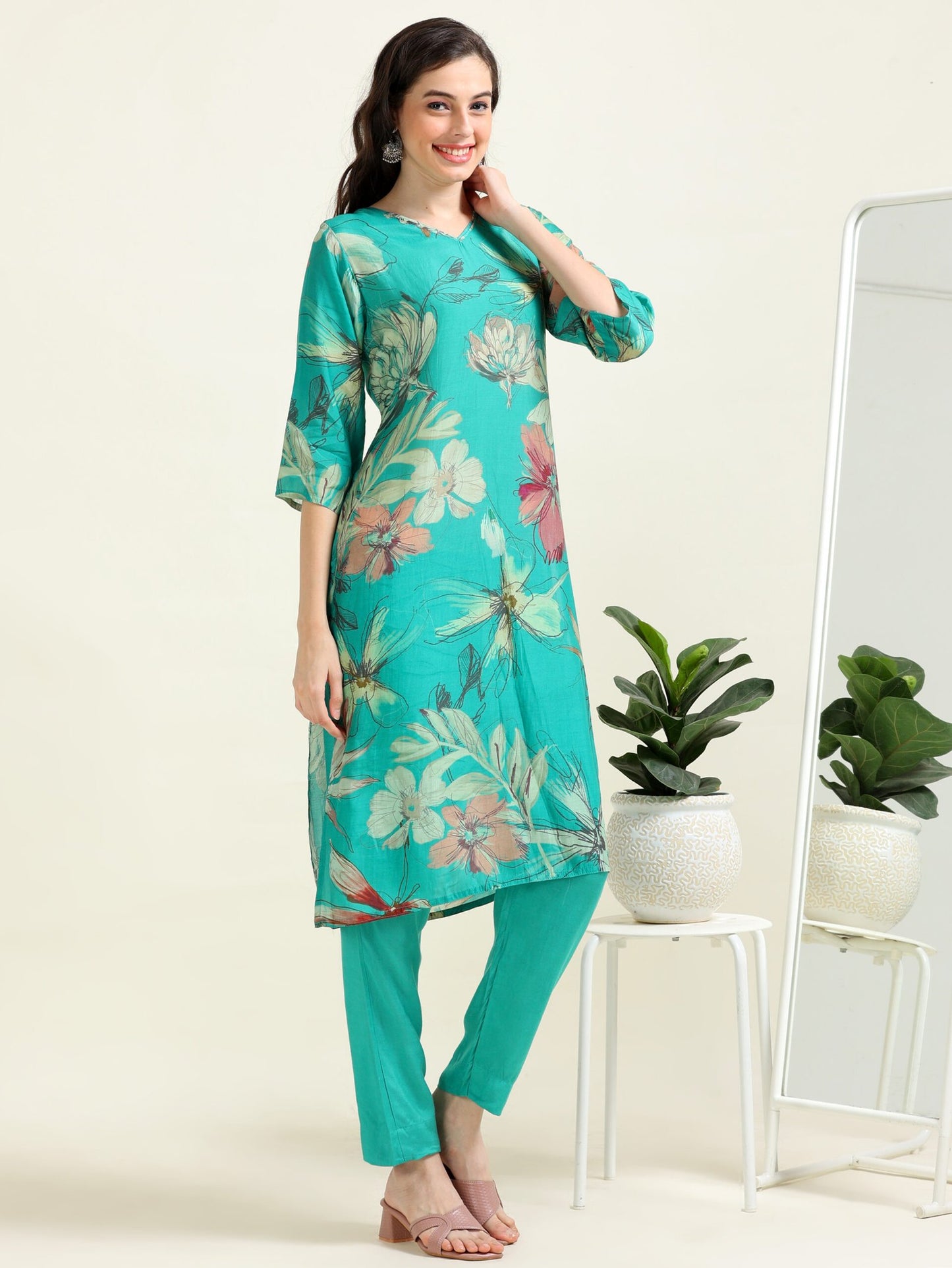 Teal Elegance – Cotton-Visocse 2-Piece Set (1NH-5-B5)