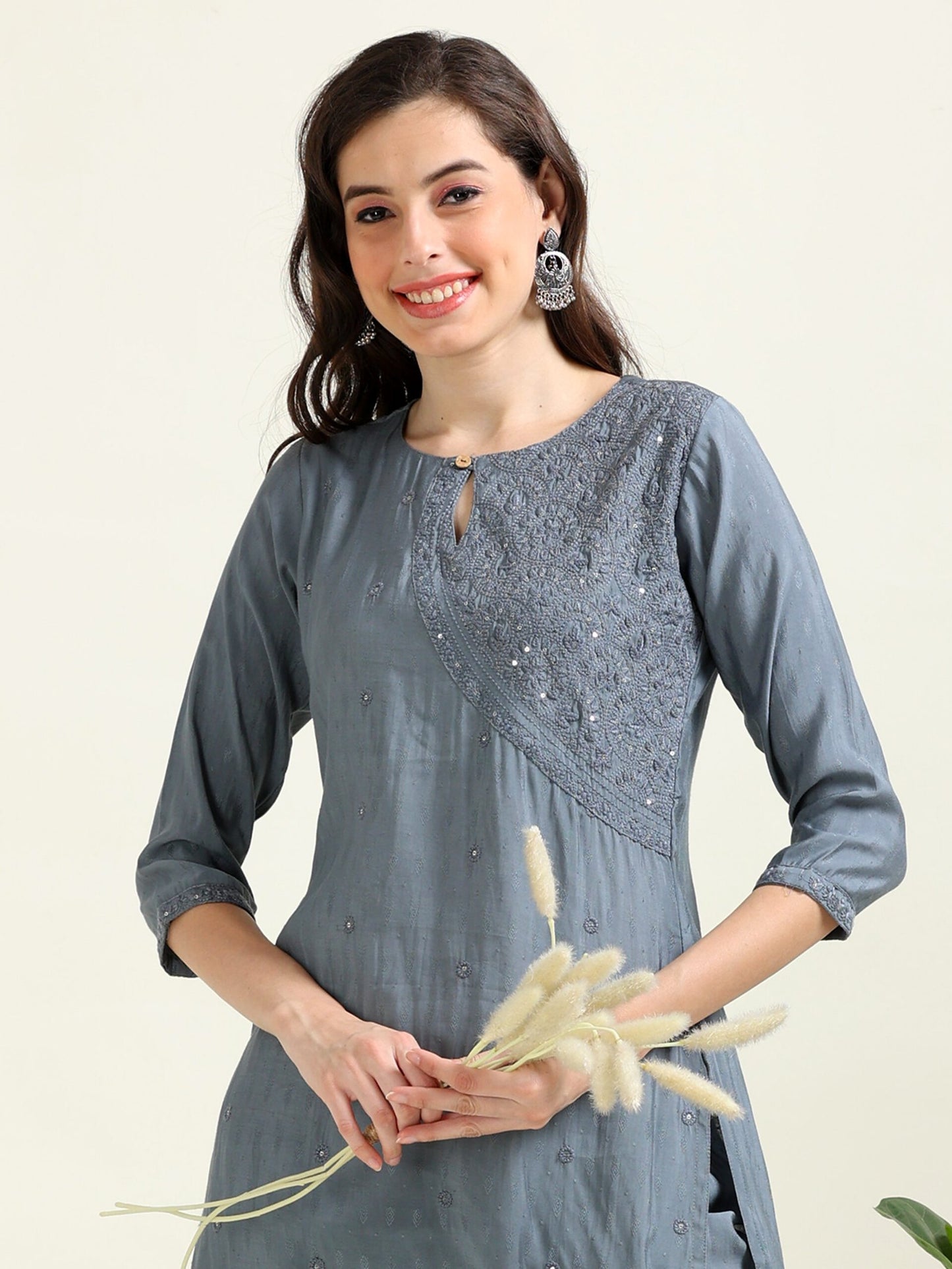 Gray Embroidered Luxe – Self-Jacquard Cotton Co-ord Set (1NH-6-B14)