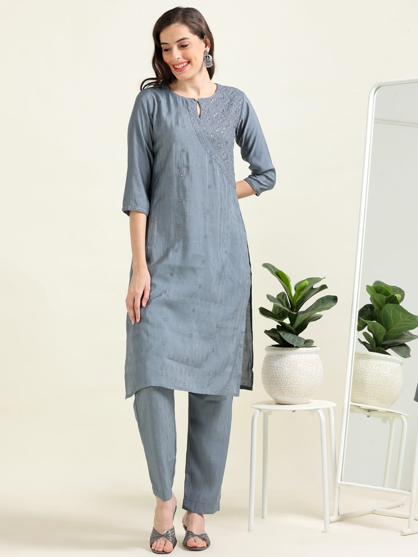 Gray Embroidered Luxe – Self-Jacquard Cotton Co-ord Set (1NH-6-B14)