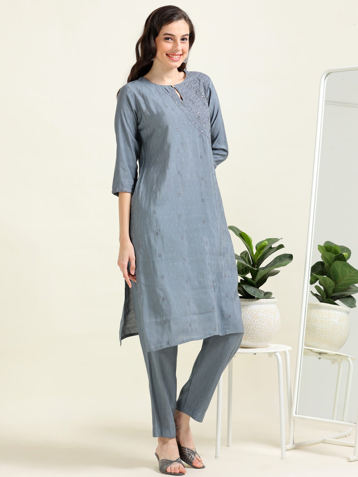 Gray Embroidered Luxe – Self-Jacquard Cotton Co-ord Set (1NH-6-B14)