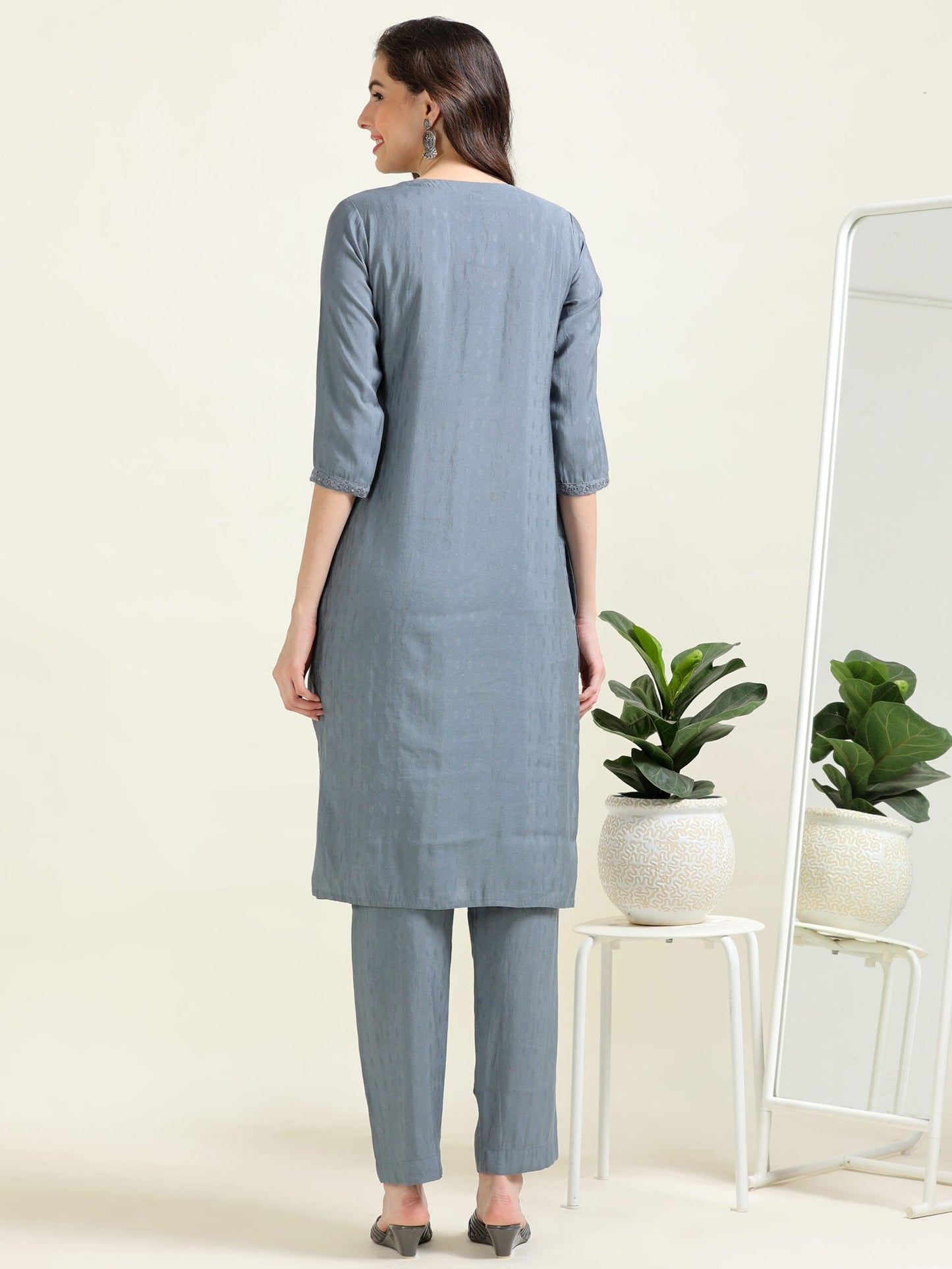 Gray Embroidered Luxe – Self-Jacquard Cotton Co-ord Set (1NH-6-B14)