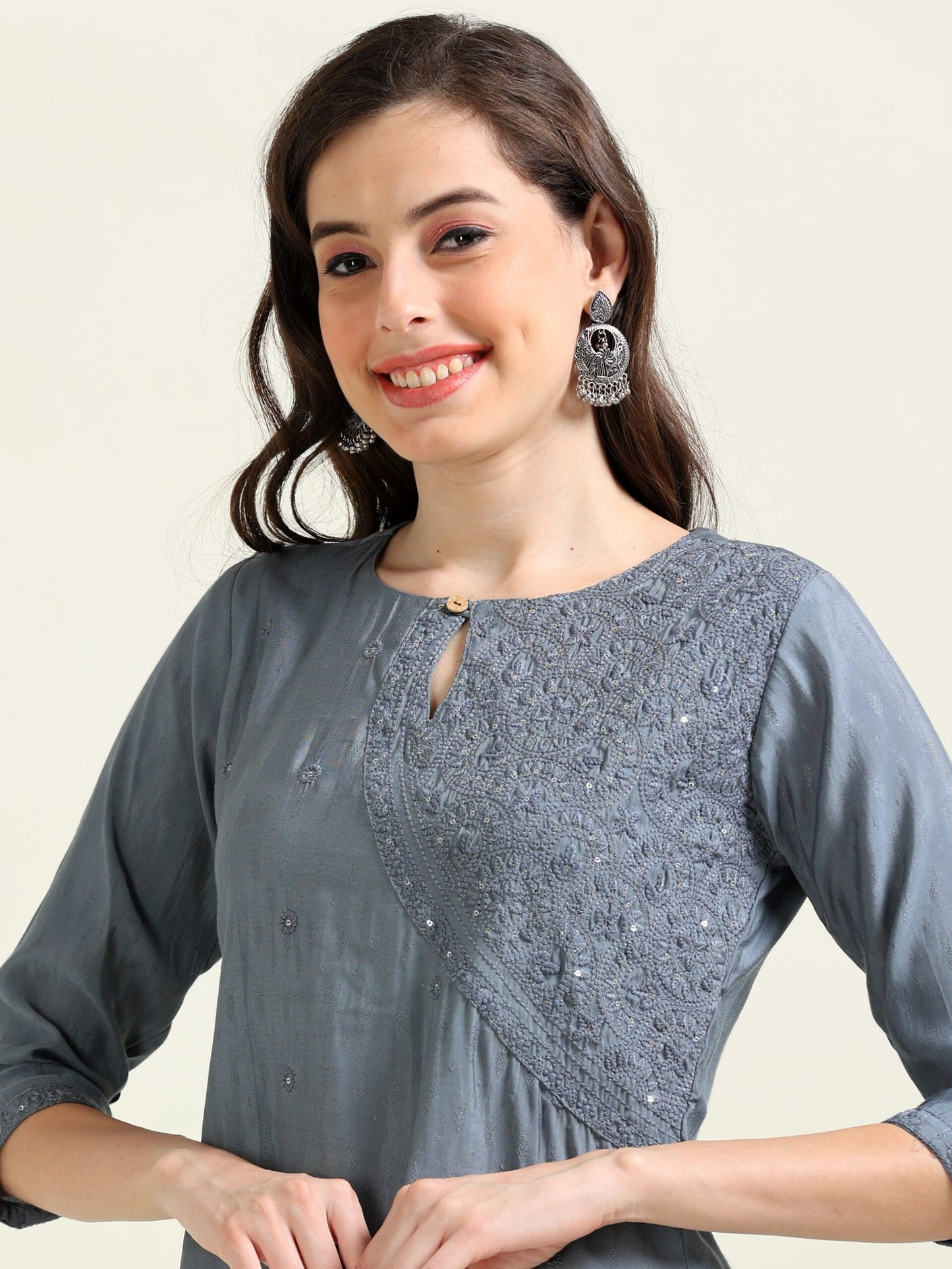 Gray Embroidered Luxe – Self-Jacquard Cotton Co-ord Set (1NH-6-B14)