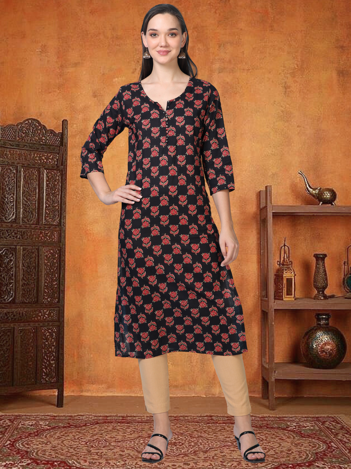 Midnight Muse – Black Printed Cotton Kurti (2TP-0-A1)