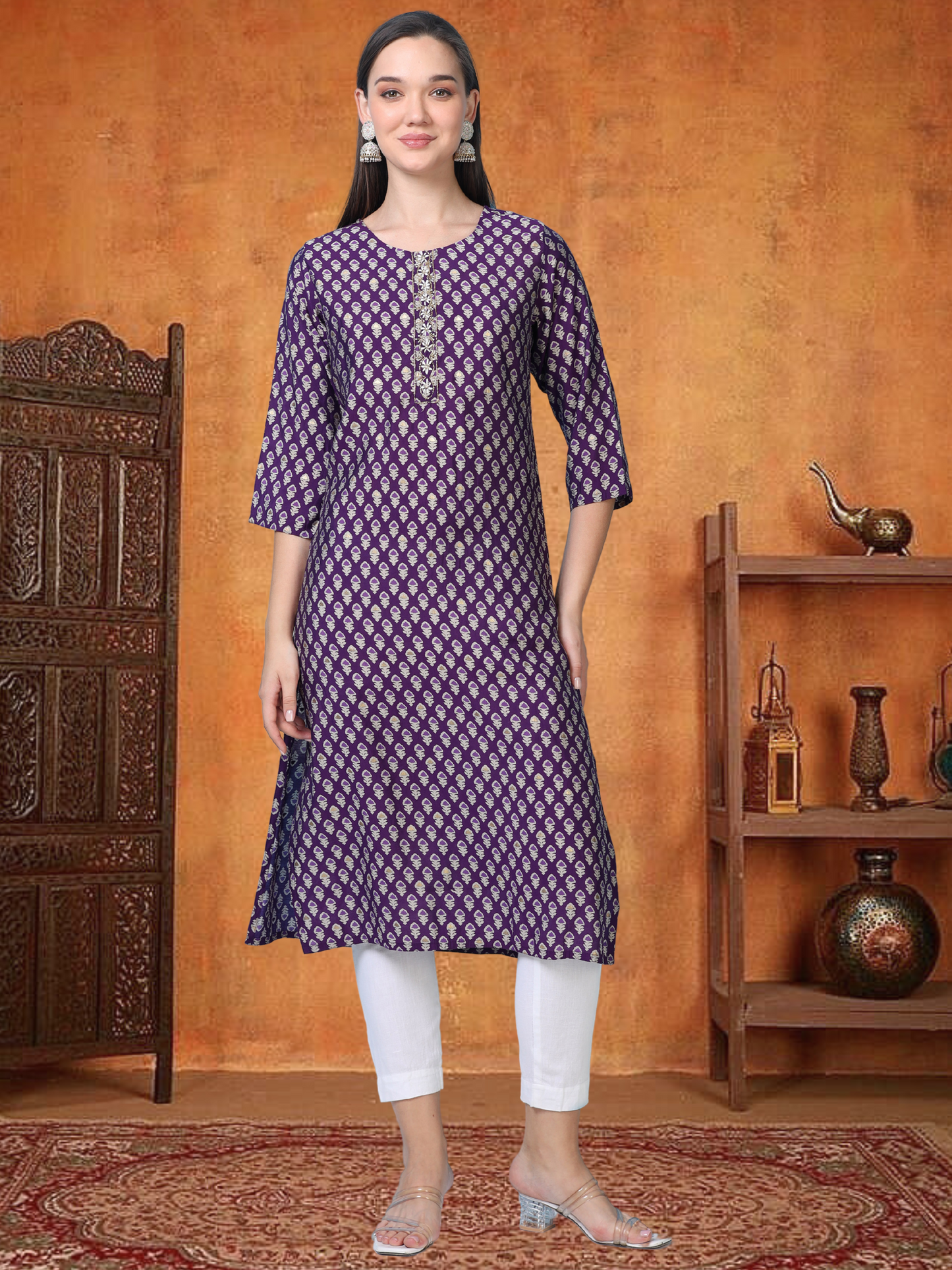 Lilac Luxe – Purple Cotton-Blend Embroidered Kurti (2AA-7-A8)