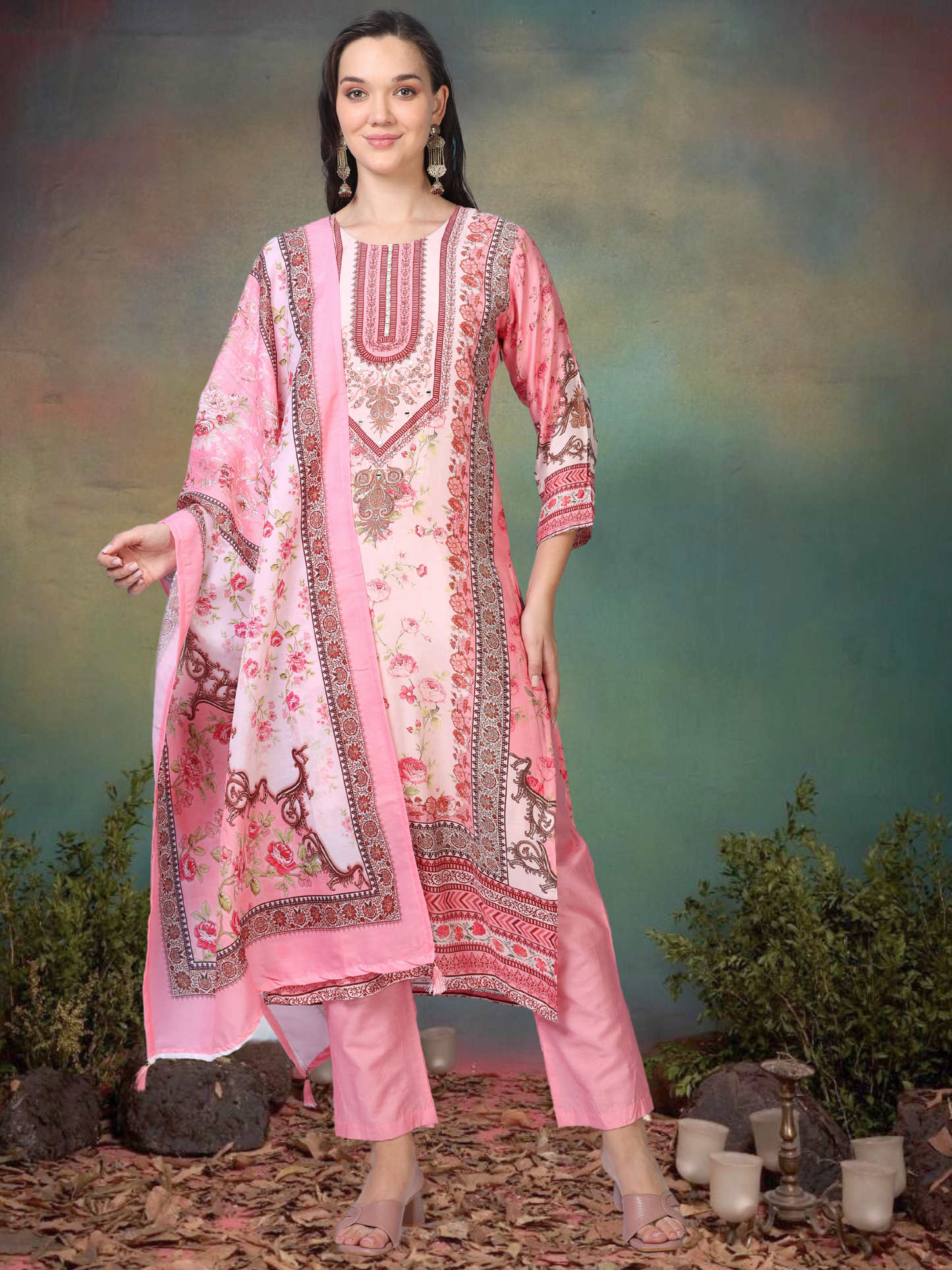 Print Paradise – Pink Viscose-Cotton Digital Print 3-Piece Set (1KI-2-C9)