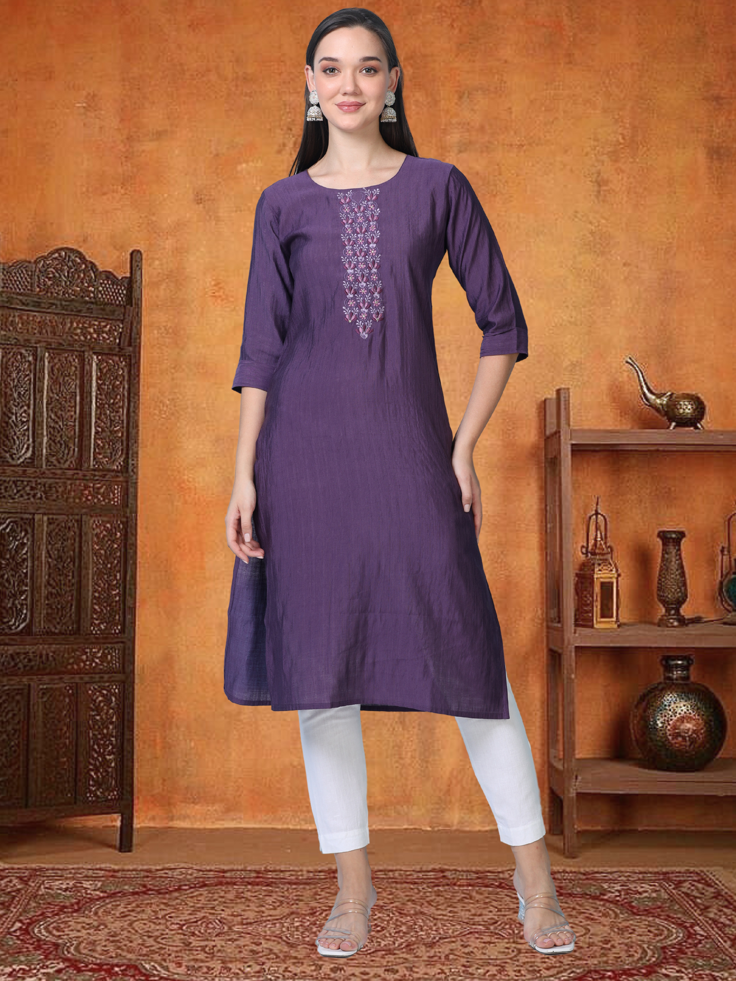 Wine Whisper – Embroidered Cotton Straight Kurti (1JD-7-A9)
