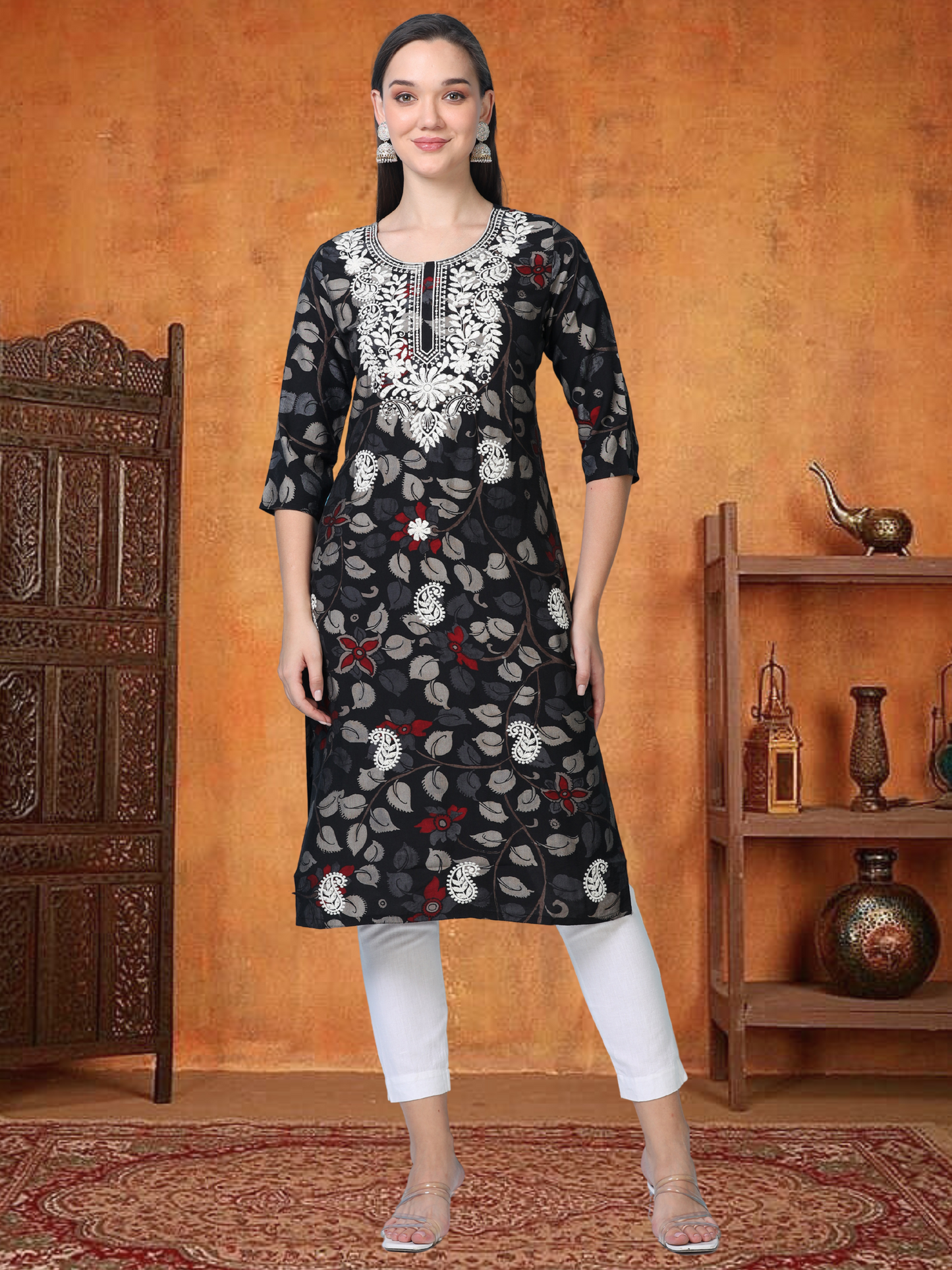 Noir Nazaara – Black Kalamkari & Chikankari Cotton Kurti (1NH-0-A13)