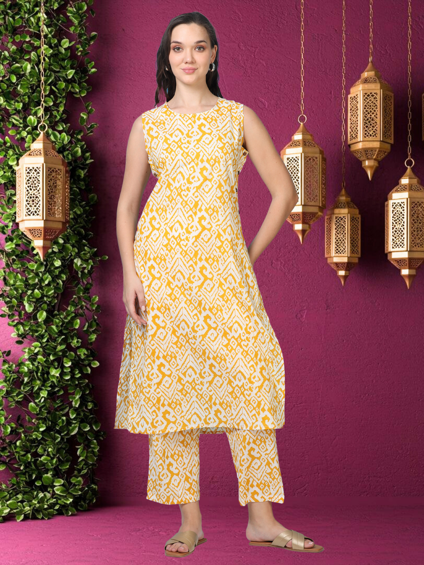 Ochre Aura – Sleeveless Printed Cotton Co-ord Set (2DF-4-B13)