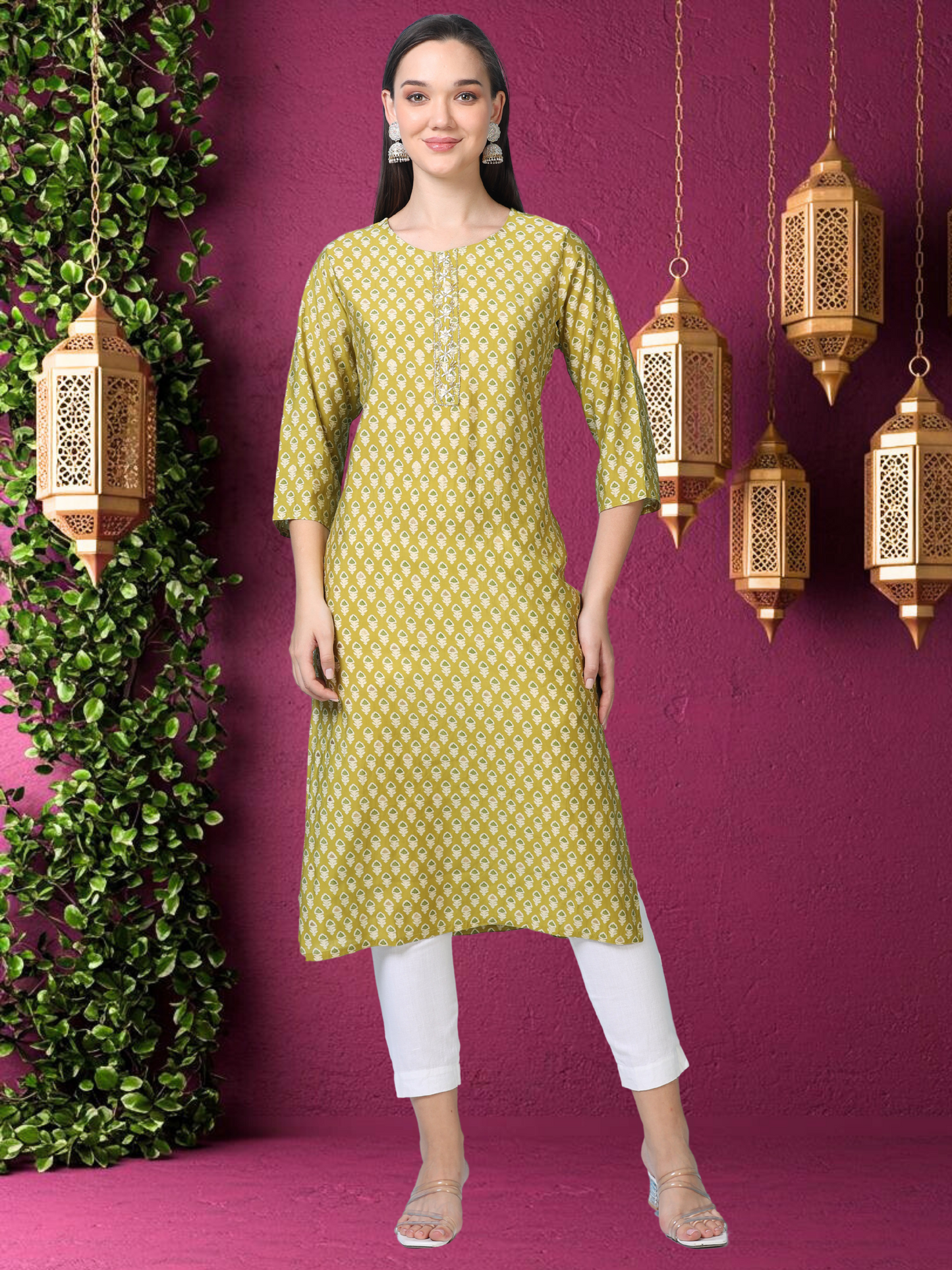 Olive Muse – Light Olive Printed Cotton Kurti with Cutdana Work (2AA-5-A7)