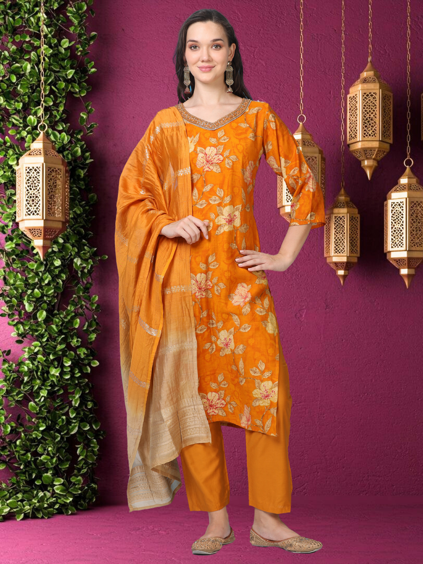 Golden Hour – Mustard Printed Viscose-Cotton 3-Piece Set (1KI-4-C2)