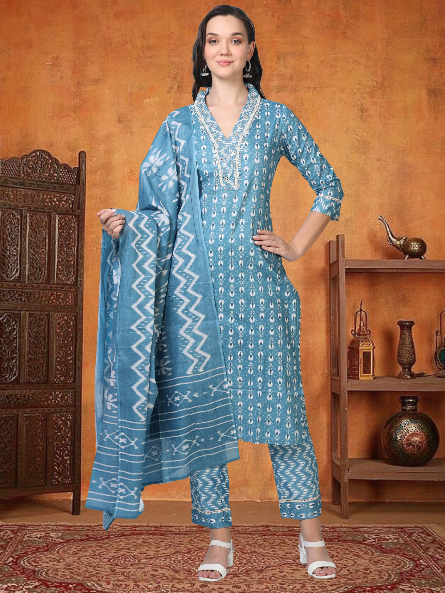 Midnight Hustle – Indigo Blue Embroidered 3-Piece Cotton Set (2DF-6-C12)
