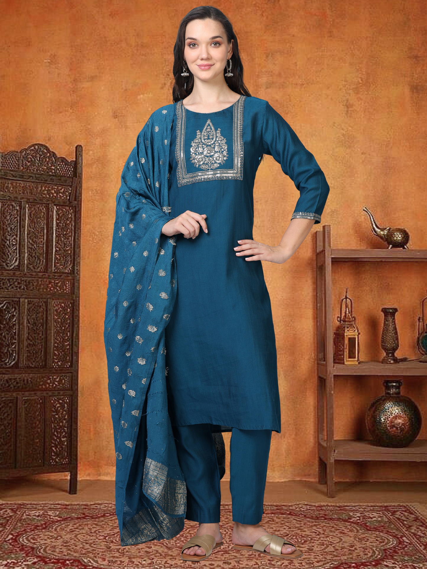 Blue Bash – Raw Cotton & Banarasi Silk-Blend 3-Piece Set (1NH-6-C10)