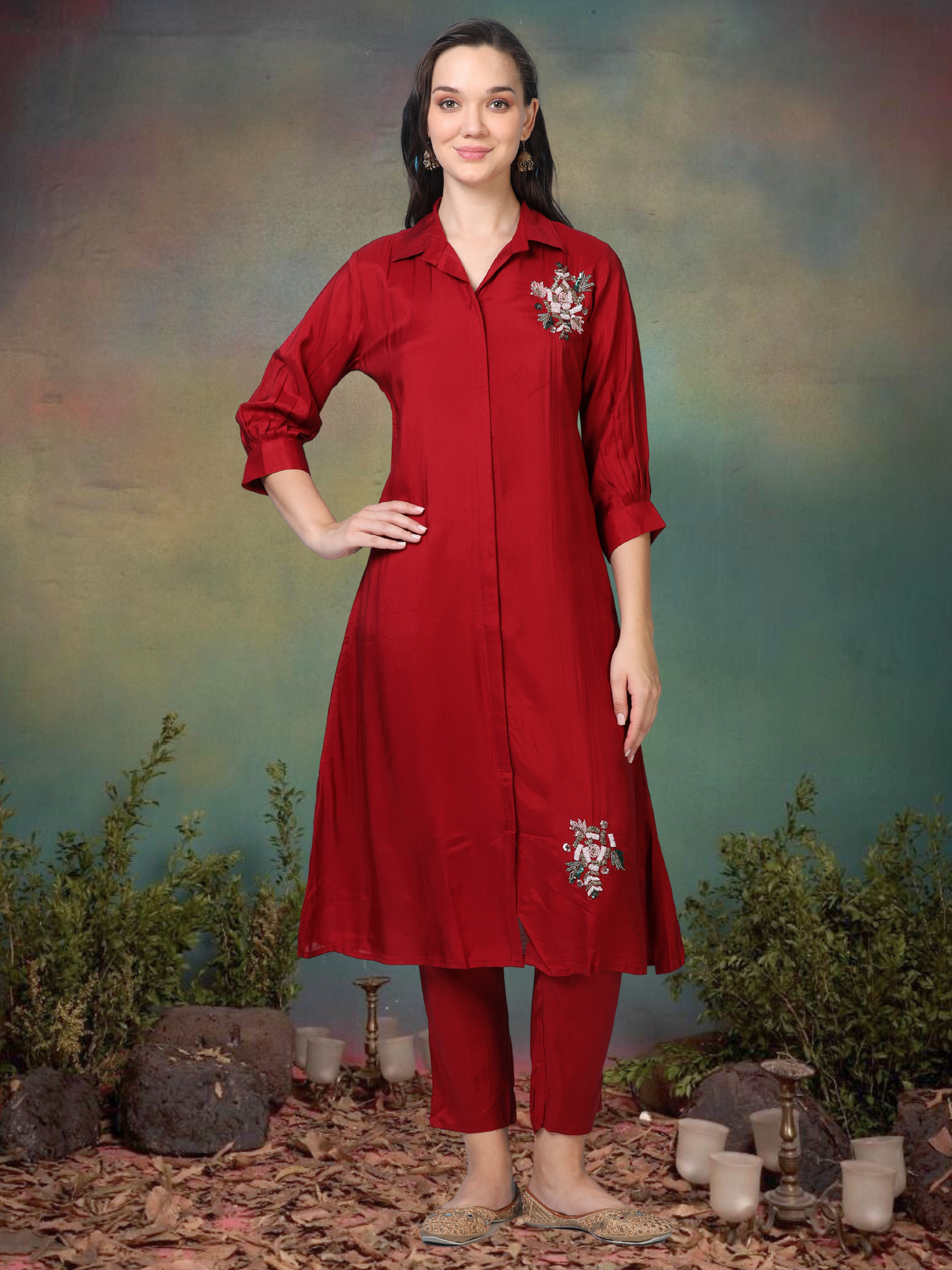 Crimson Crush – Red Satin Silk-Blend Shirt Style Co-ord Set (1KB-2-B3)