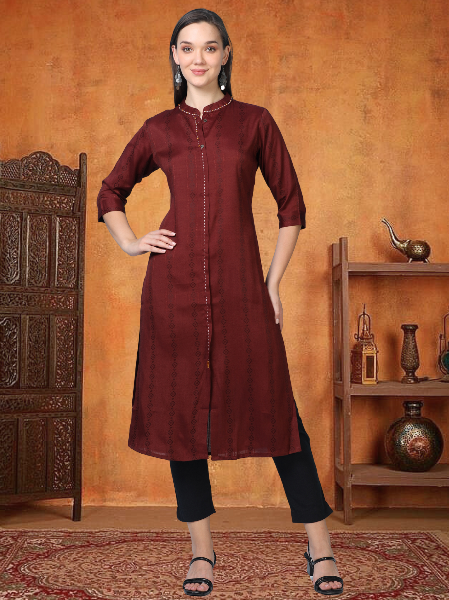 Merlot Muse – Reddish-Maroon Faux Shirt Kurti (1KB-2-A14)