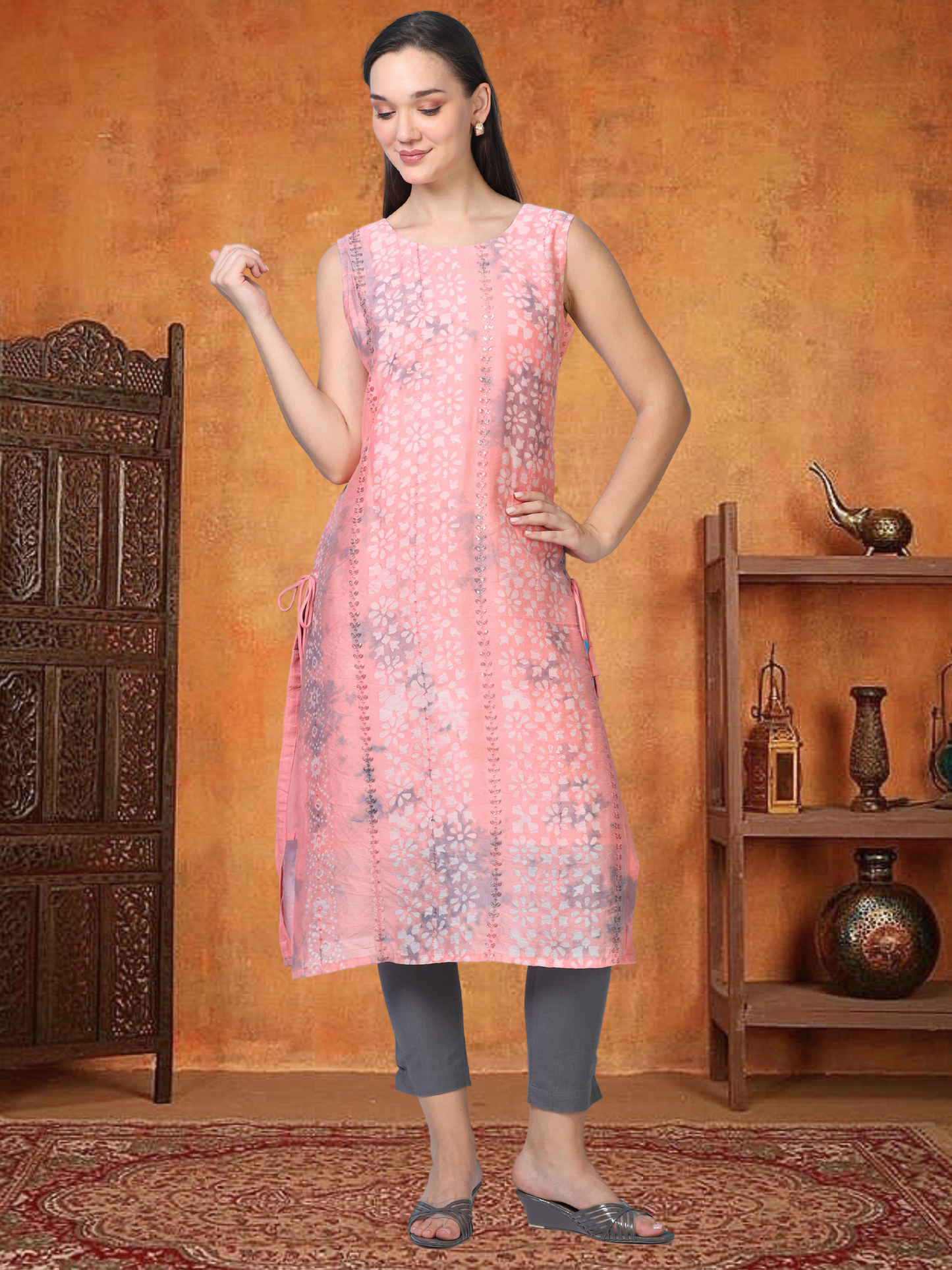Pink Power Drip – Sleeveless Shibori Silk-Blend Kurti (1JD-2-A3b)